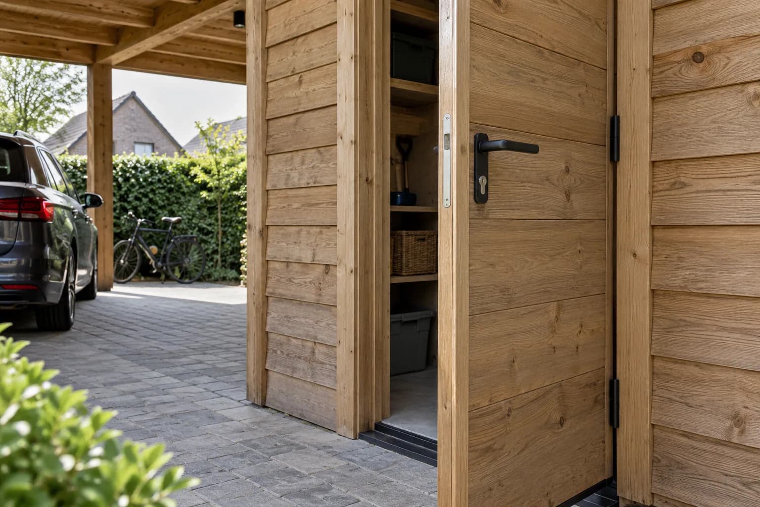 Porte en bois entrouverte avec poignée noire, serrure et seuil bas de la remise attenante au carport