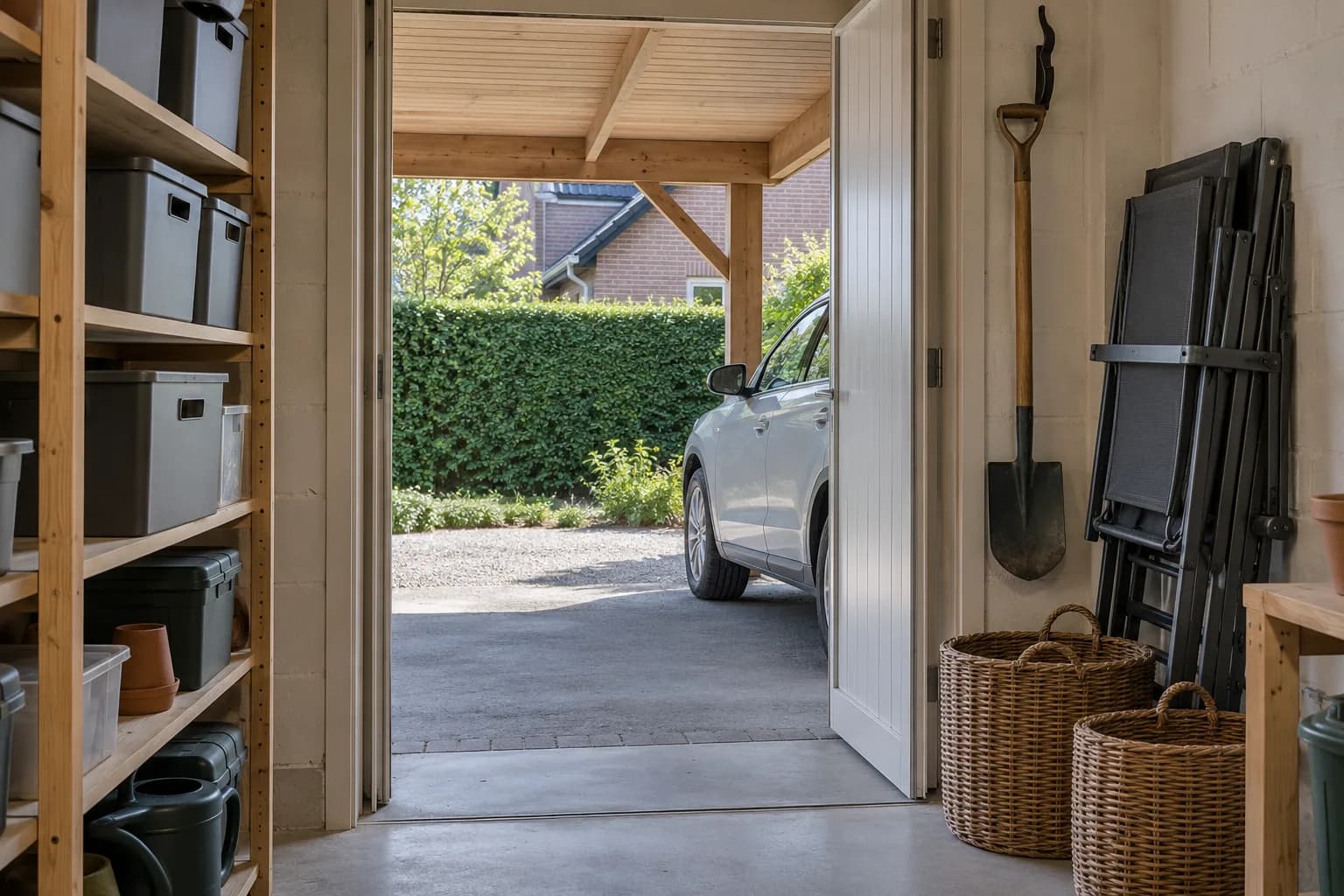 Rangements et chaises pliées dans une remise ouverte sur la voiture stationnée sous le carport