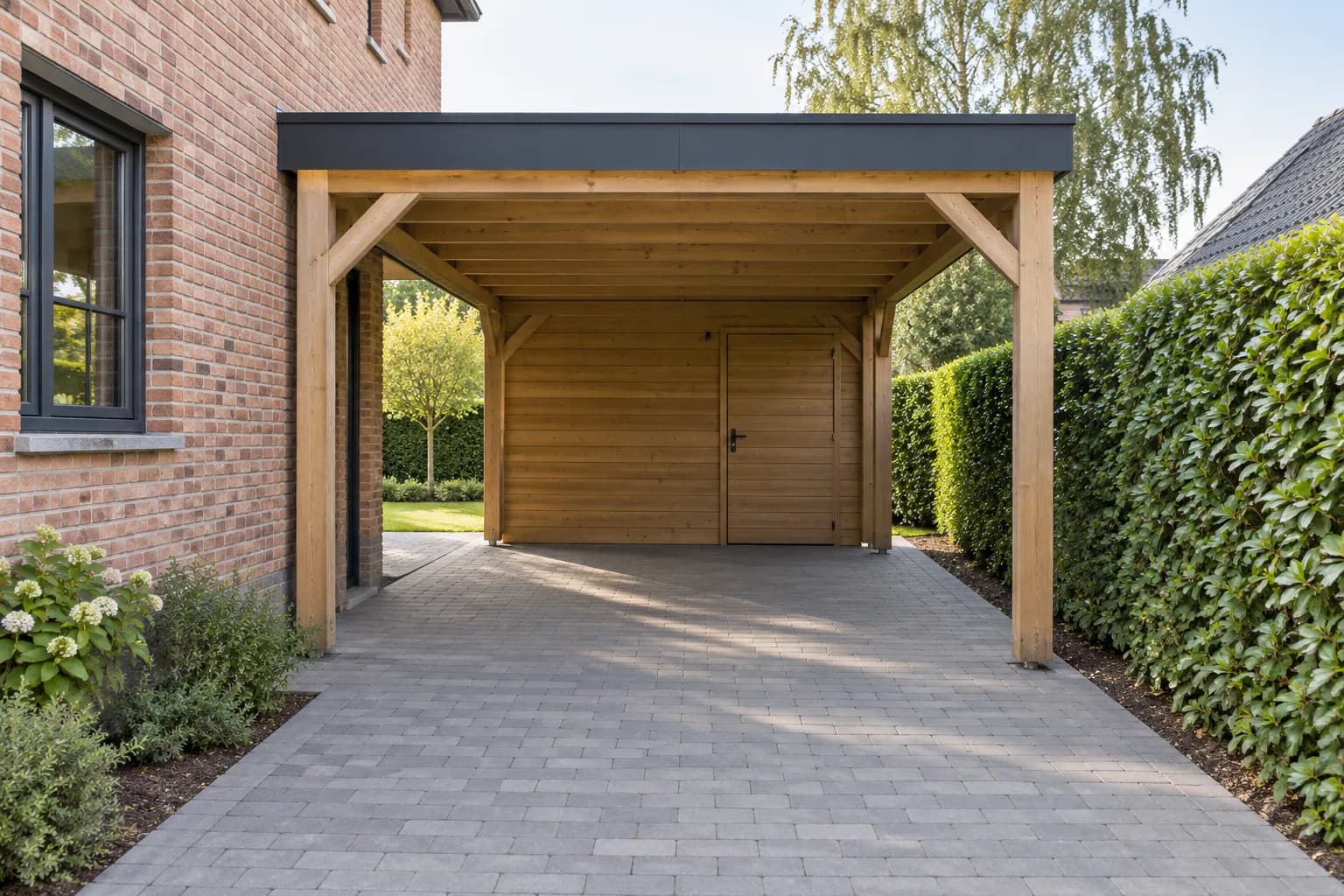 Carport en bois avec remise fermée à l’arrière et porte décalée sur le côté de l’allée