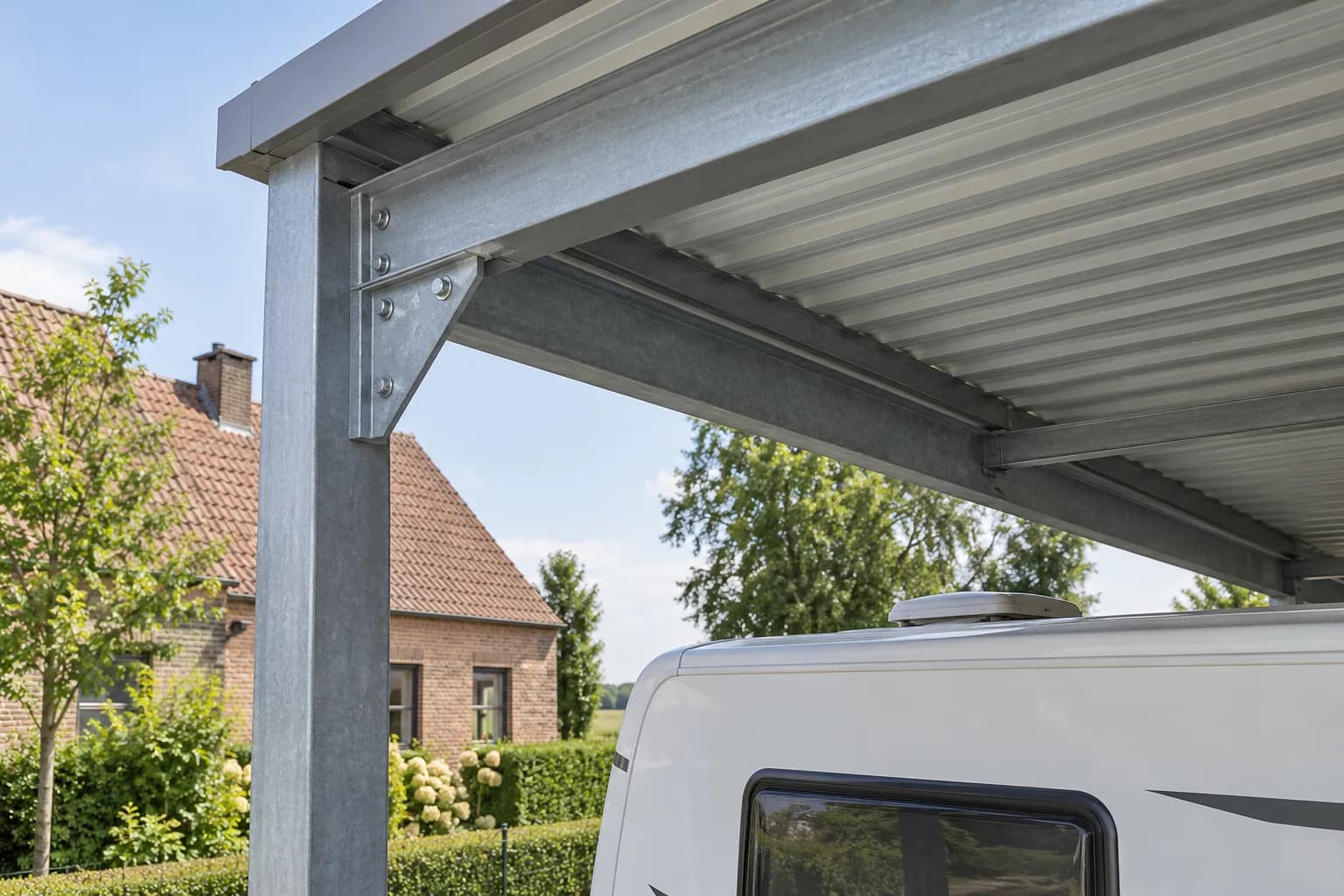 Assemblage métallique boulonné et espace libre entre les poutres du carport et le toit du camping-car