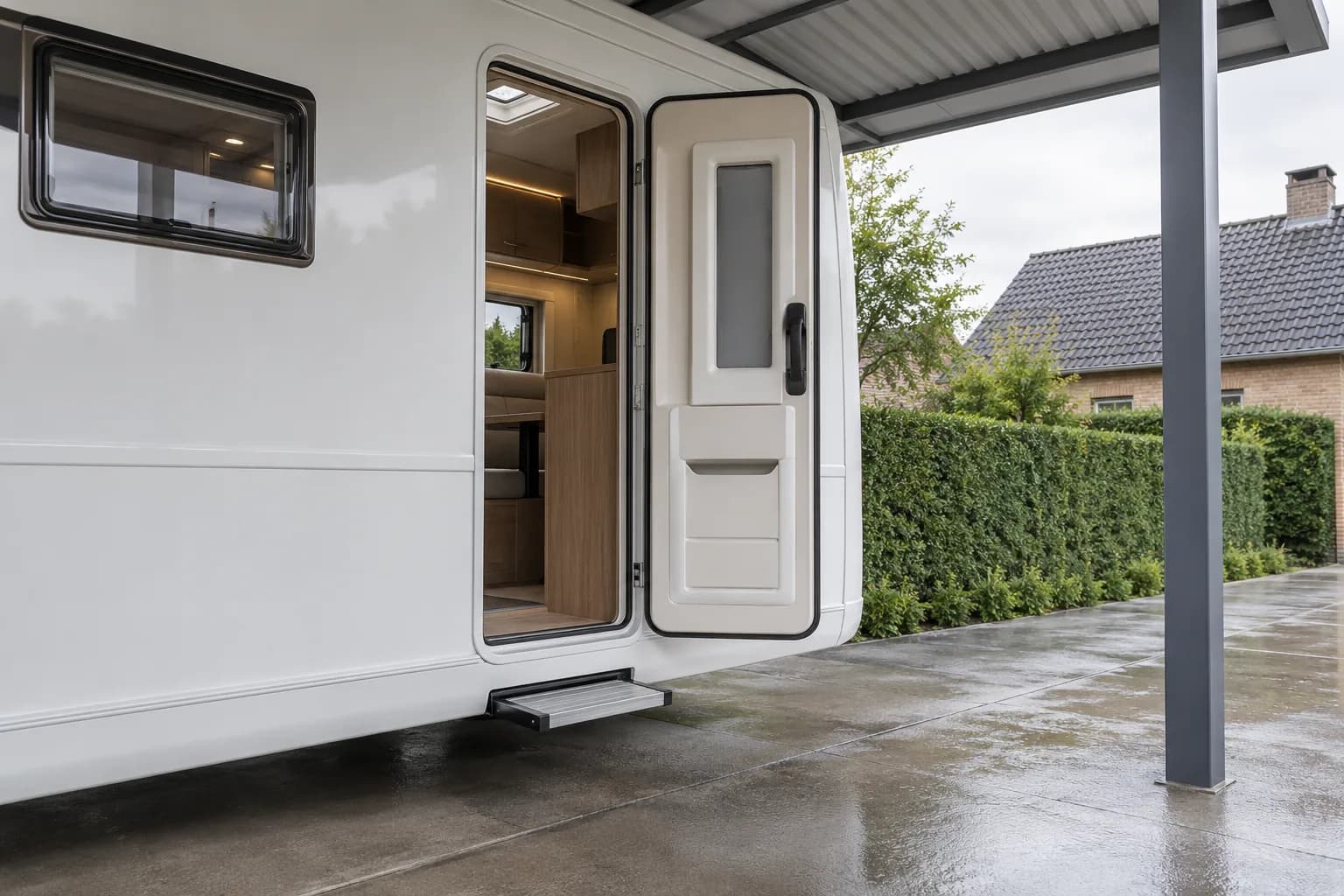 Porte latérale ouverte et marchepied d’un camping-car, avec dégagement sous la toiture du carport