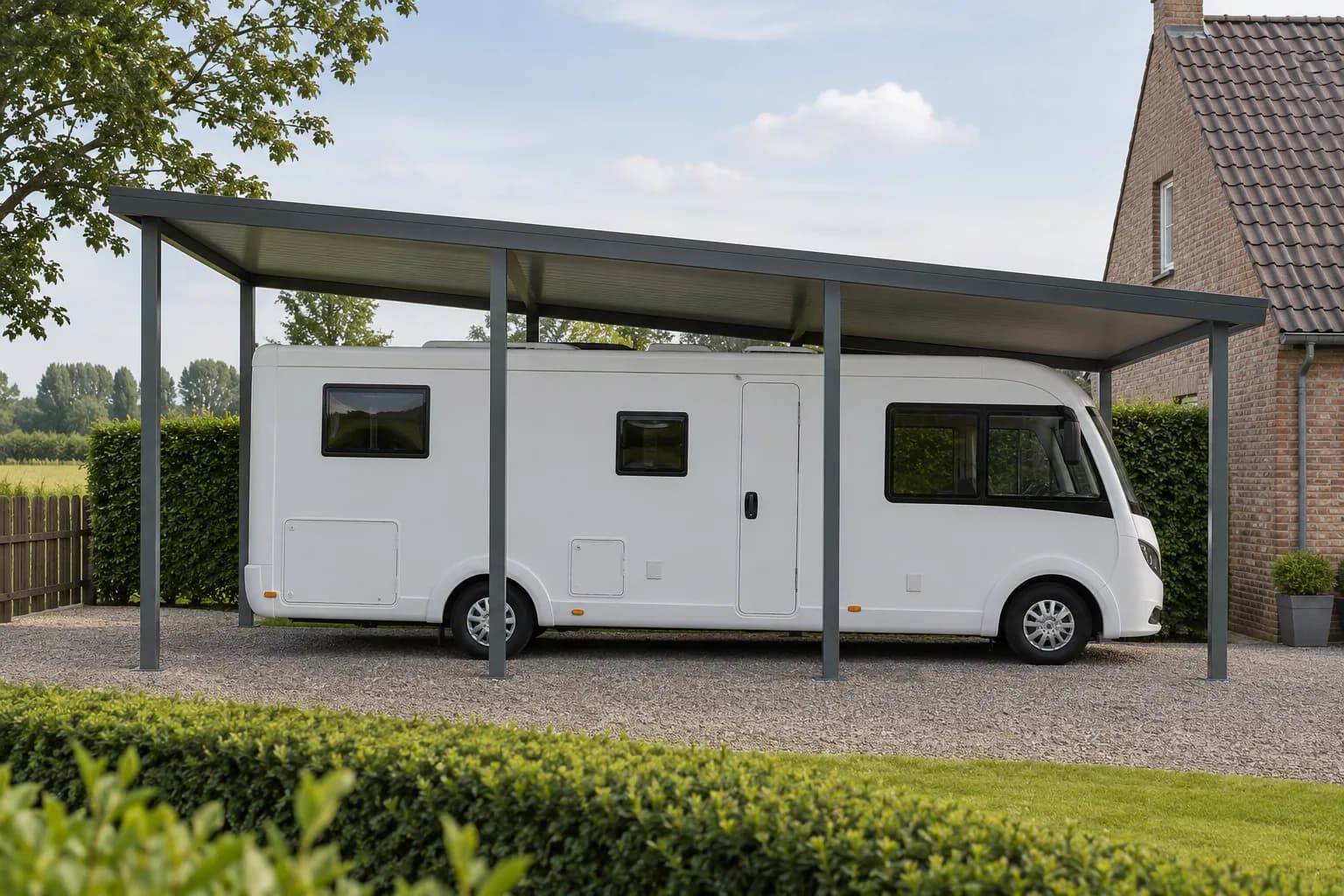 Camping-car blanc stationné sous un carport métallique haut et long, près d’une maison belge en briques