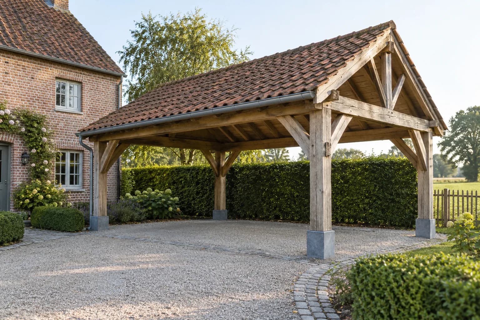 Carport champêtre en bois massif avec charpente apparente, toit en tuiles et poteaux sur socles en pierre.