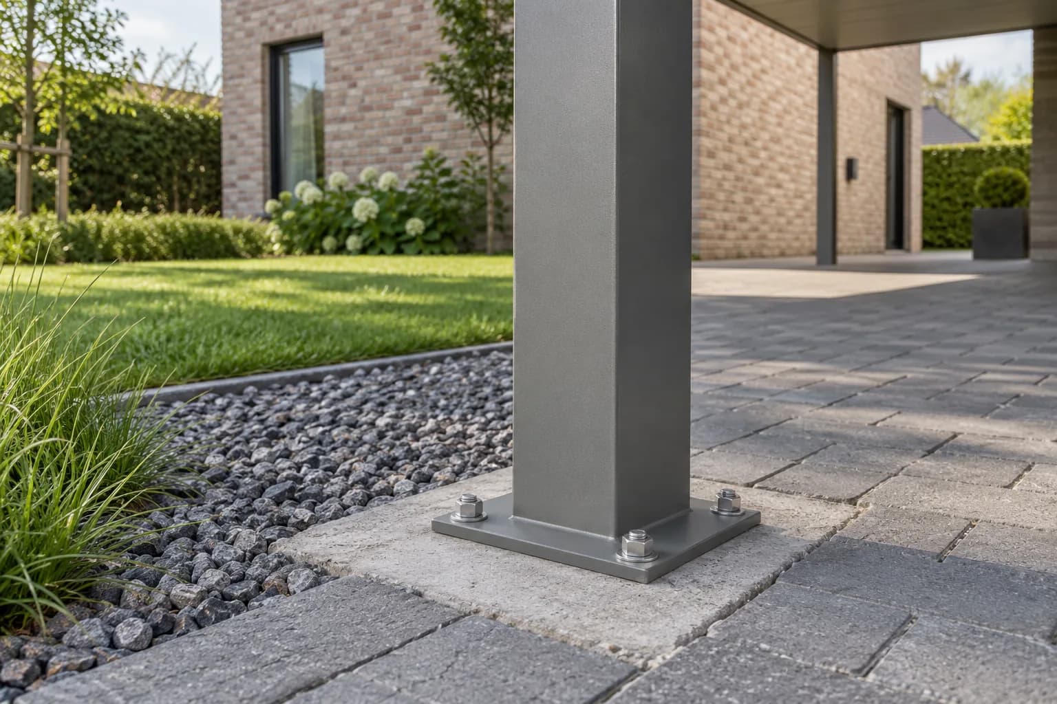 Pied de poteau de carport sur platine boulonnée dans un massif en béton entre les pavés