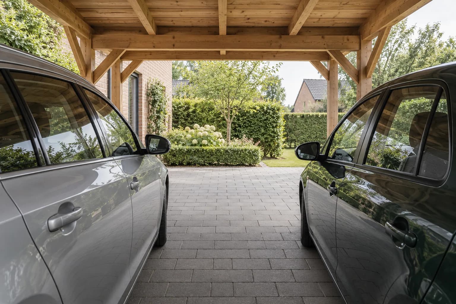 Deux voitures garées côte à côte sous un carport en bois, avec un large passage libre entre les véhicules