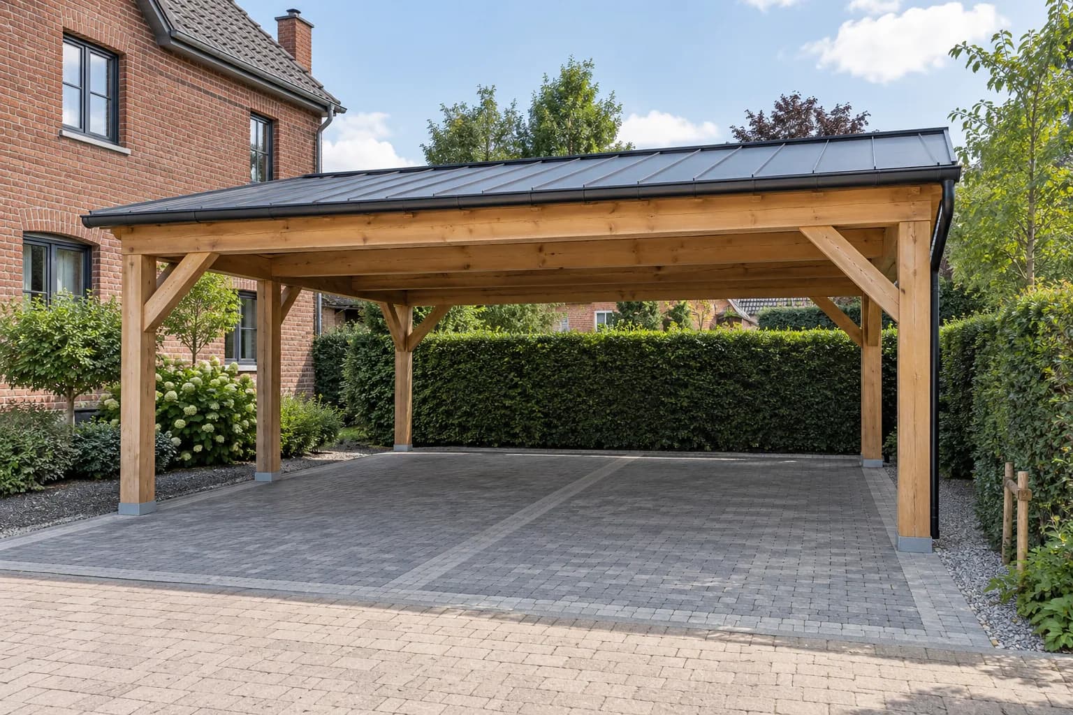 Carport double en bois à toiture métallique, avec deux emplacements pavés et une entrée sans poteau central