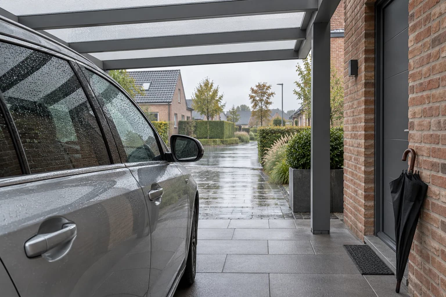 Passage abrité entre une voiture et l’entrée de la maison sous un carport pendant la pluie