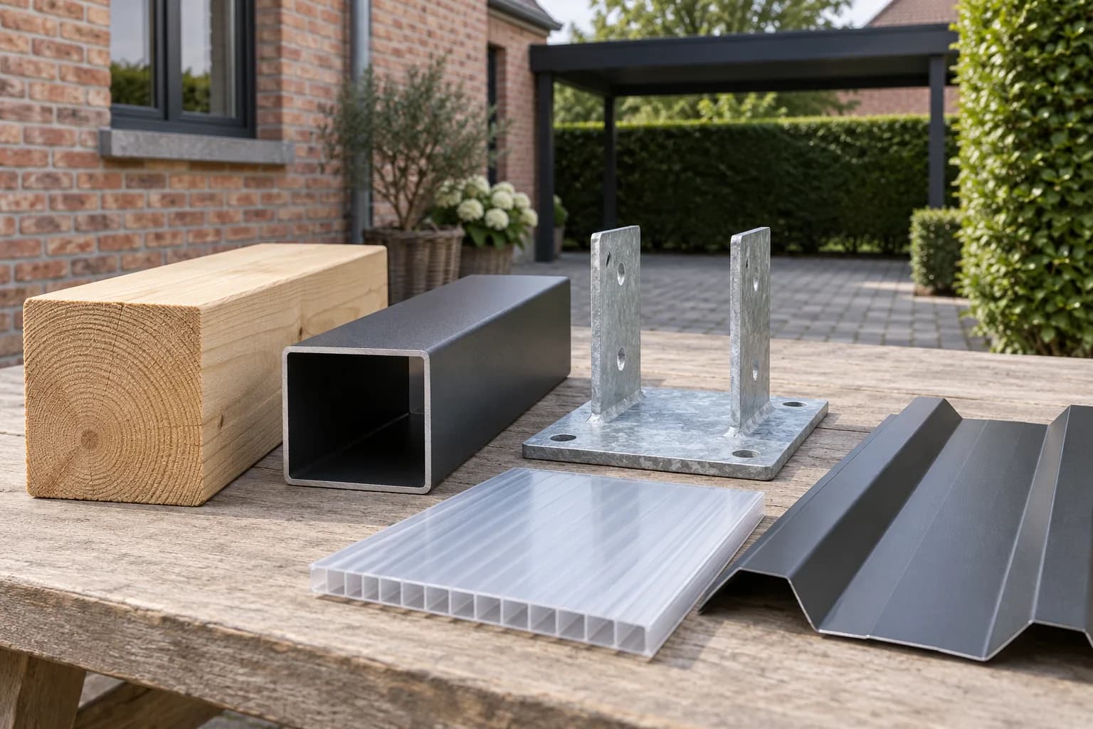 Échantillons de bois, profilé métallique, pied de poteau, polycarbonate et tôle pour comparer les options d’un carport