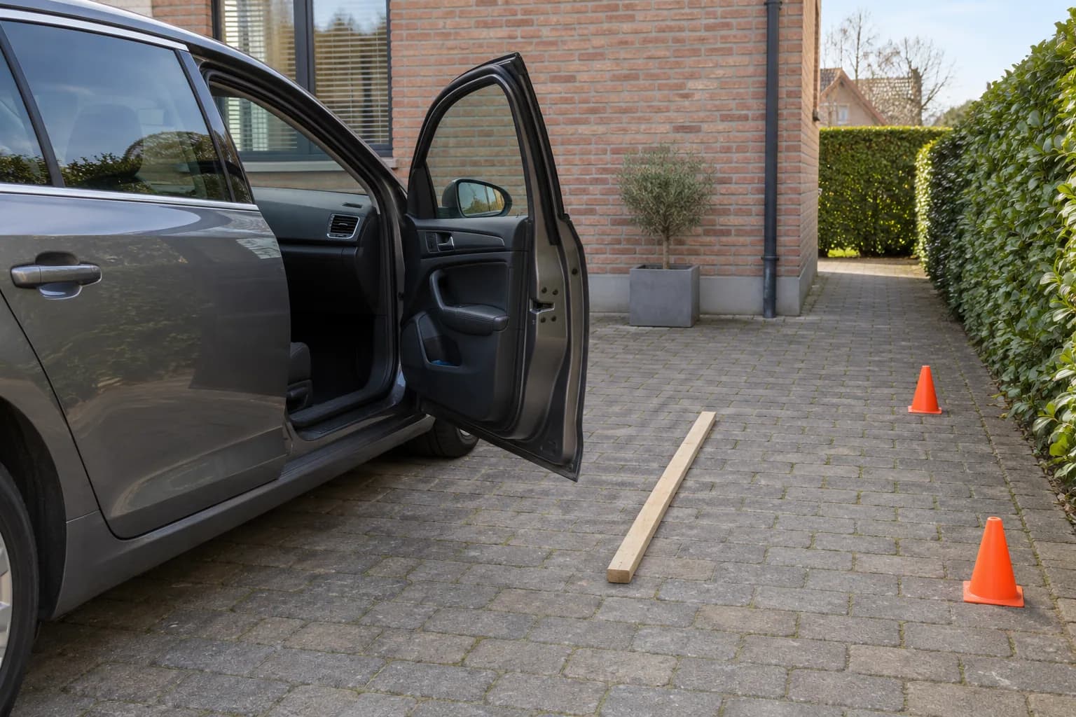 Vérification du dégagement d’une portière ouverte avec une latte et des cônes avant l’implantation d’un carport