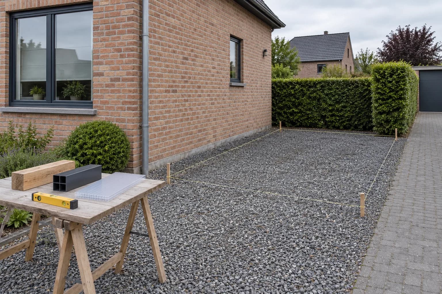 Emprise d’un futur carport délimitée au cordeau, avec des échantillons de bois, de métal et de couverture