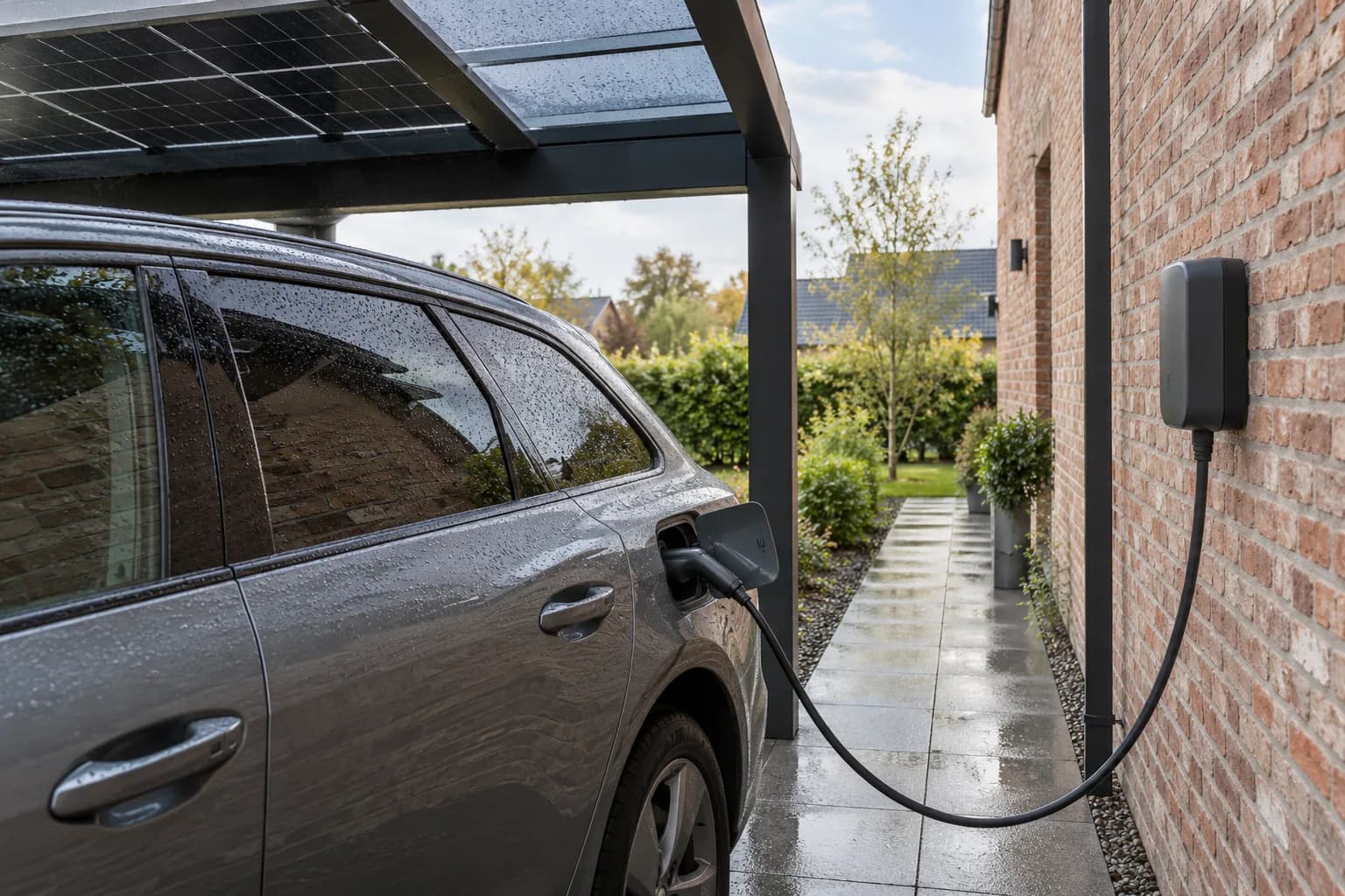 Voiture électrique branchée à une borne murale sous un carport photovoltaïque, près d’une façade en briques