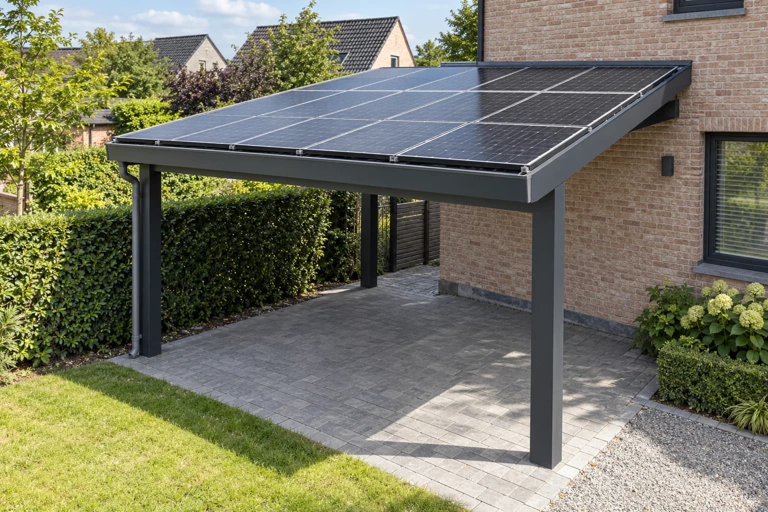 Carport à toiture photovoltaïque inclinée sur une structure sombre, installé près d’une maison en briques