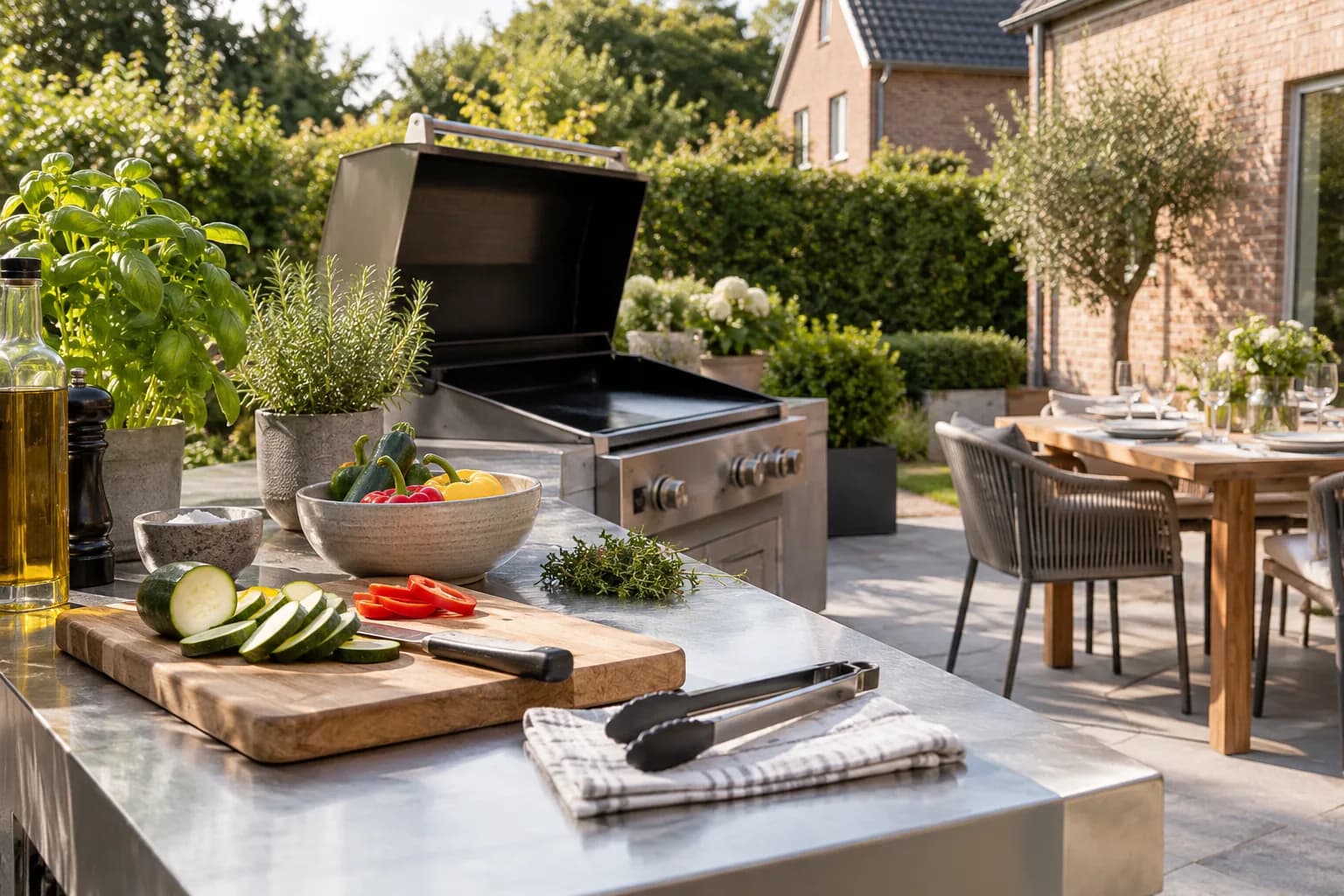 Légumes préparés sur un comptoir inox devant une plancha ouverte et une table dressée dans le jardin.