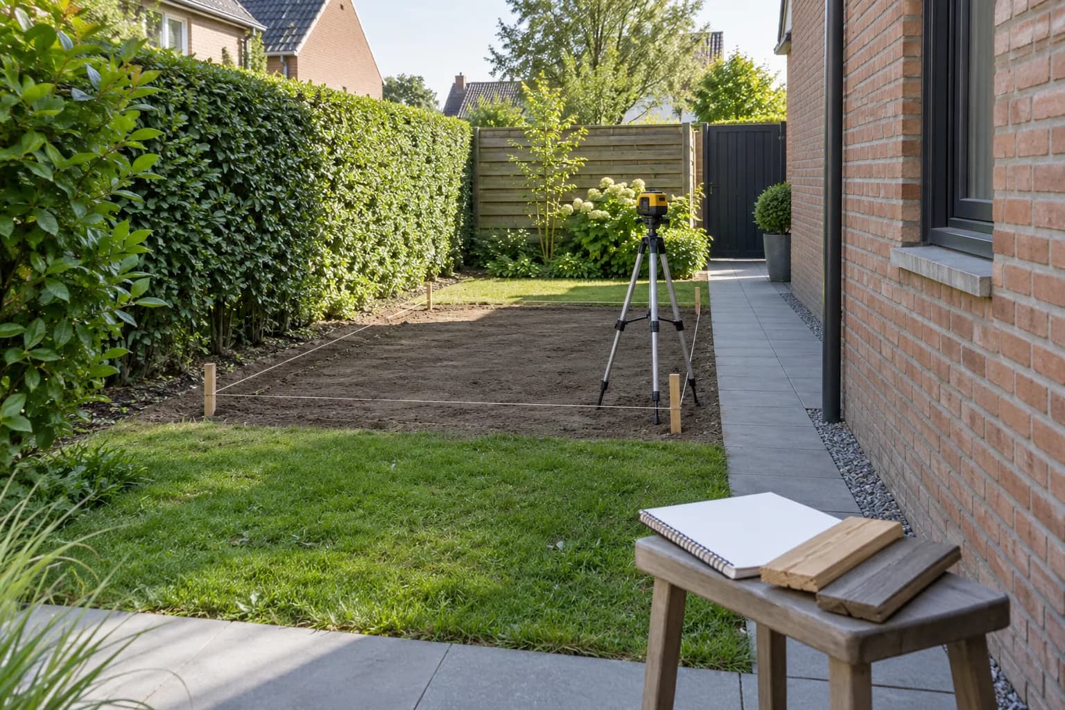 Emplacement d’un abri délimité près de la maison, avec niveau sur trépied et échantillons