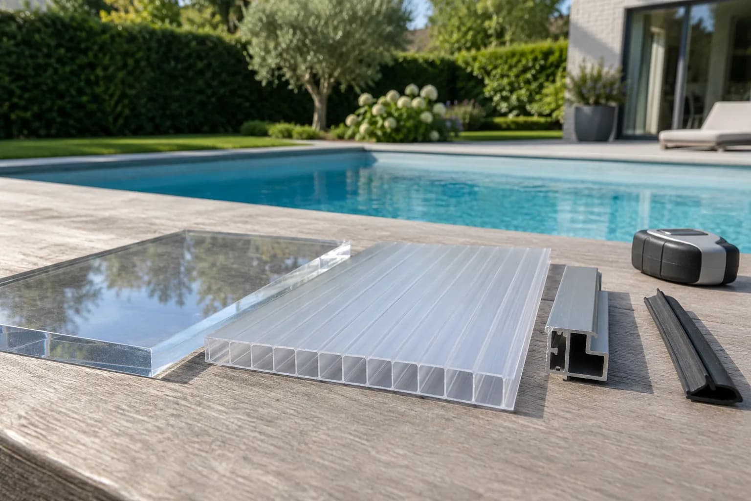 Comparaison de panneaux transparents et alvéolaires, avec profilé aluminium et joint pour abri de piscine.