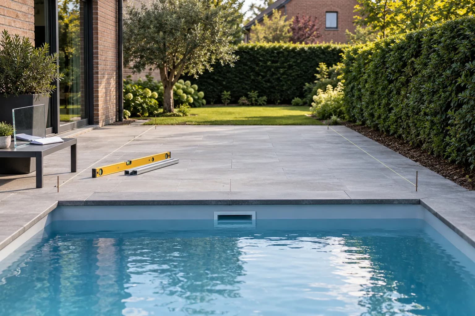 Espace de rangement prévu en bout de piscine, délimité au cordeau avec niveau et échantillon de rail.