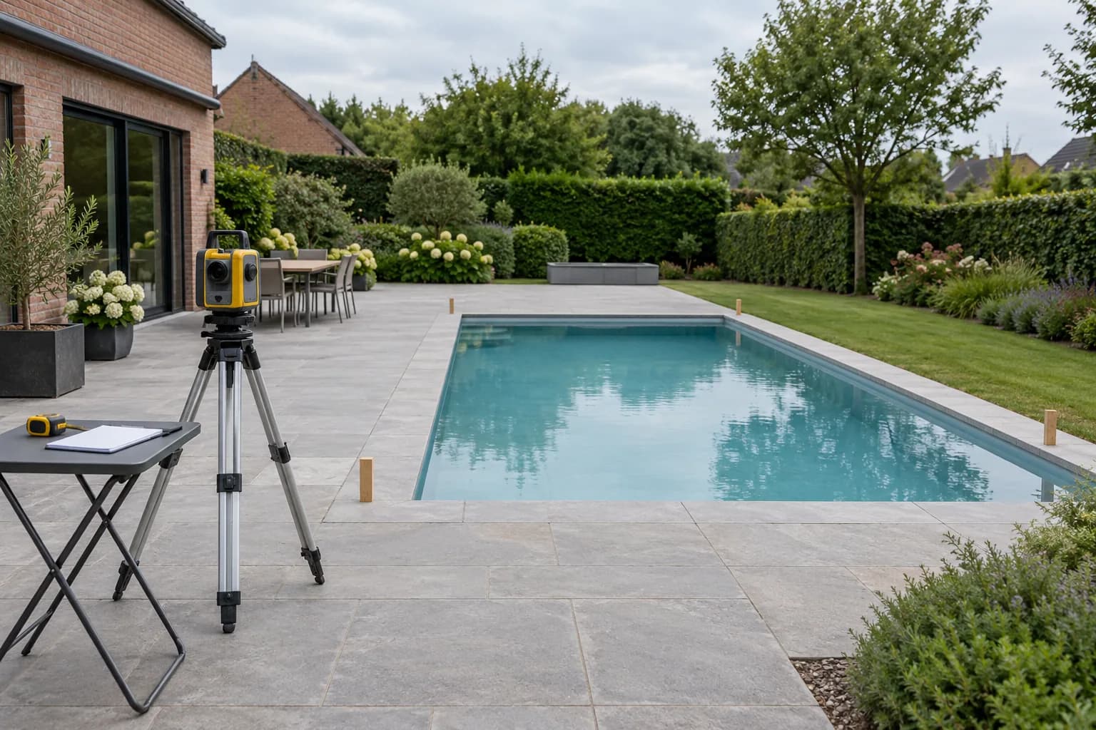 Piscine et plages préparées pour un relevé, avec appareil de mesure sur trépied et repères en bois.