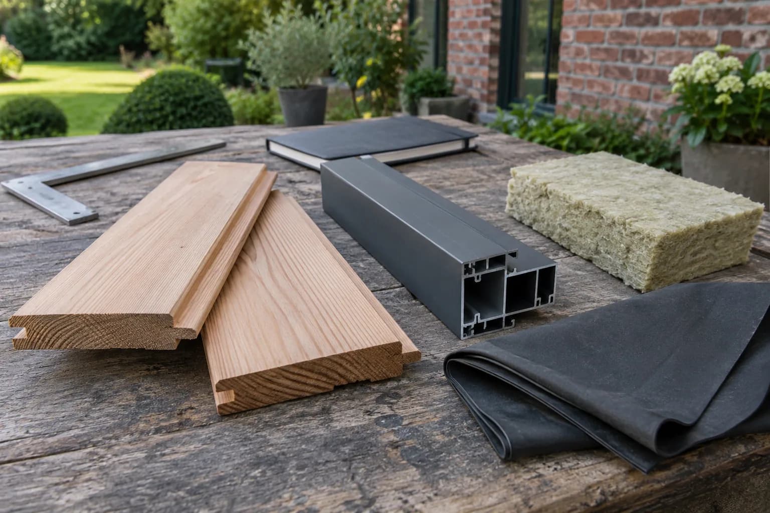 Échantillons de bardage bois, profilé aluminium, laine minérale et membrane noire sur un établi.