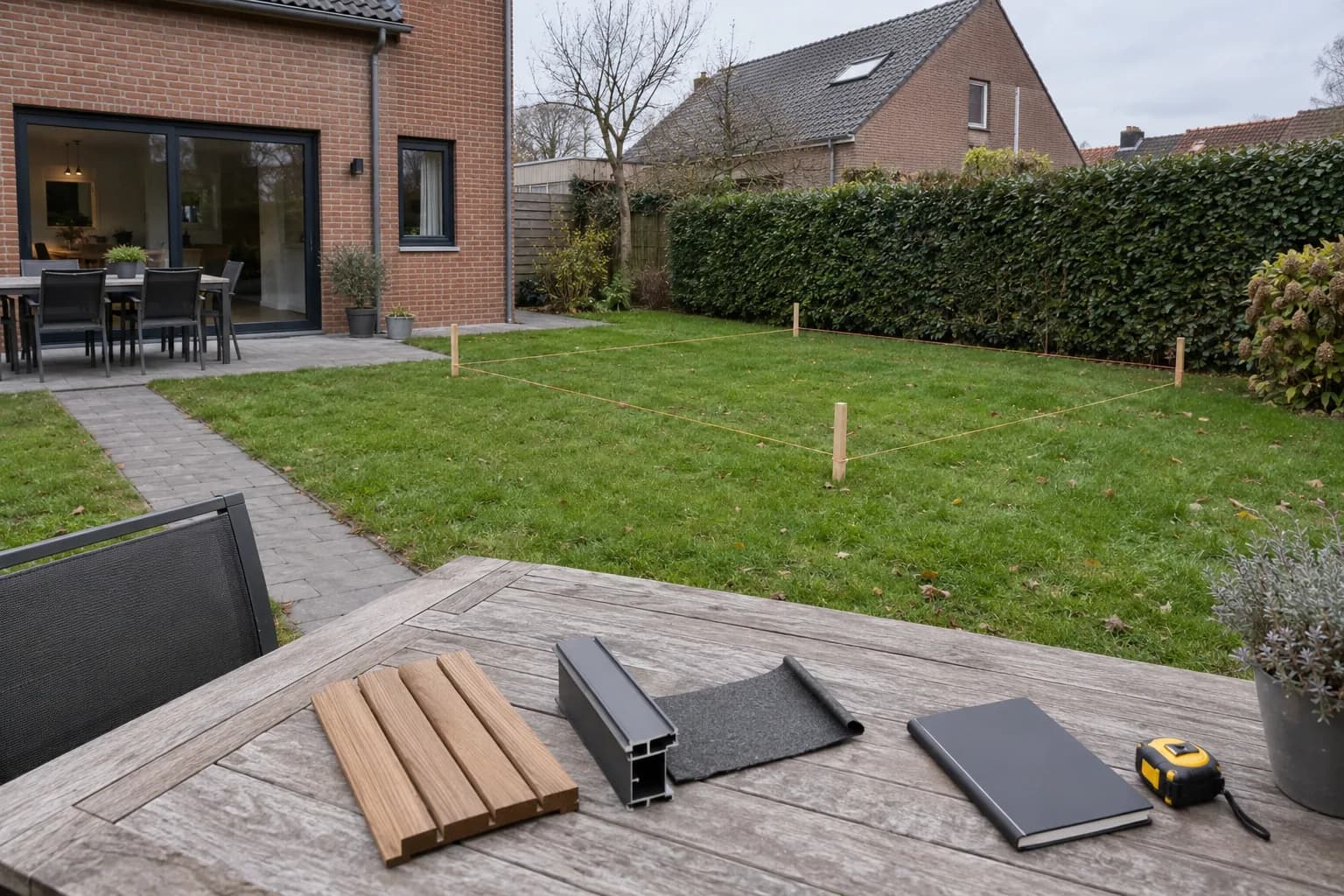 Emprise d'une future annexe délimitée au cordeau et échantillons de matériaux sur une table.
