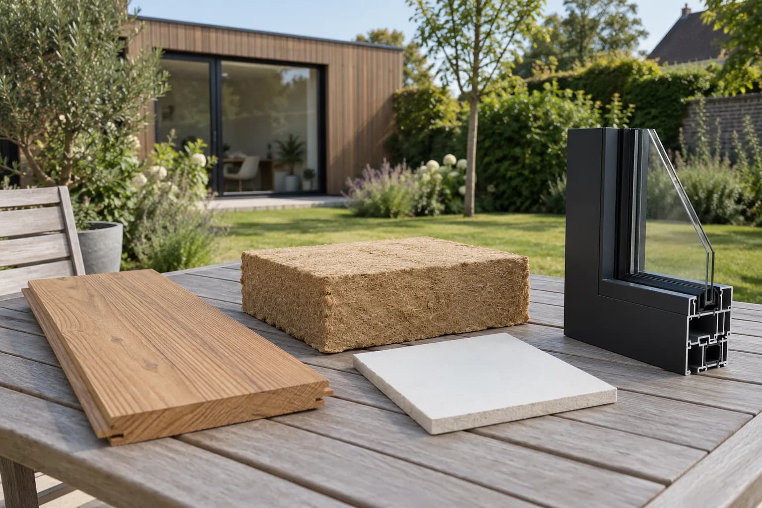 Échantillons de bardage, isolant, plaque de parement et châssis vitré pour préparer un projet de bureau de jardin.