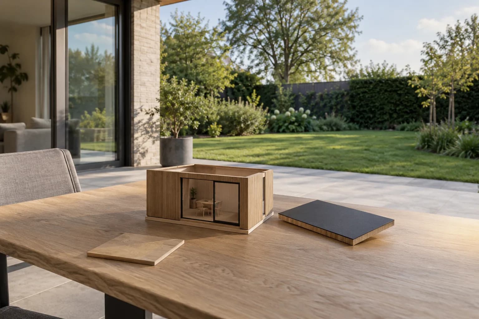 Maquette ouverte d’un bureau de jardin avec mobilier miniature et toiture déposée sur une table de terrasse.