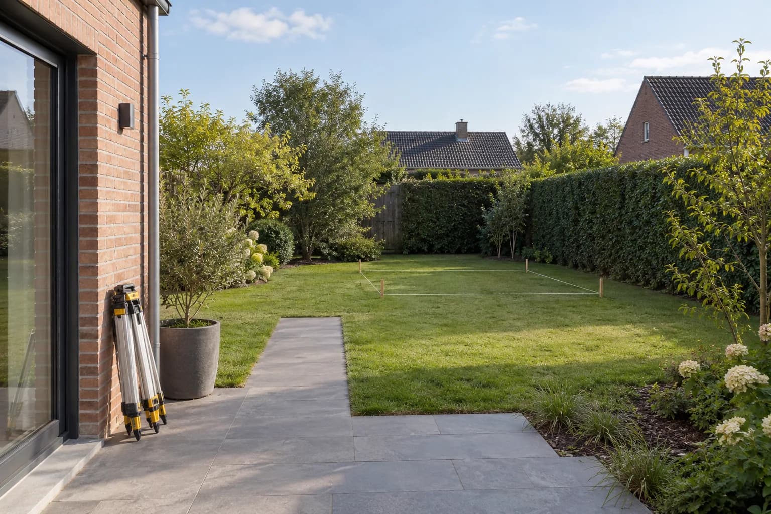 Emprise d’un futur bureau de jardin tracée au cordeau sur la pelouse, avec accès depuis la terrasse de la maison.