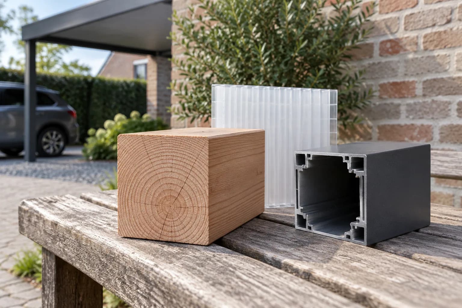 Échantillons de poteau en bois, de profilé aluminium et de couverture alvéolaire pour préparer un devis