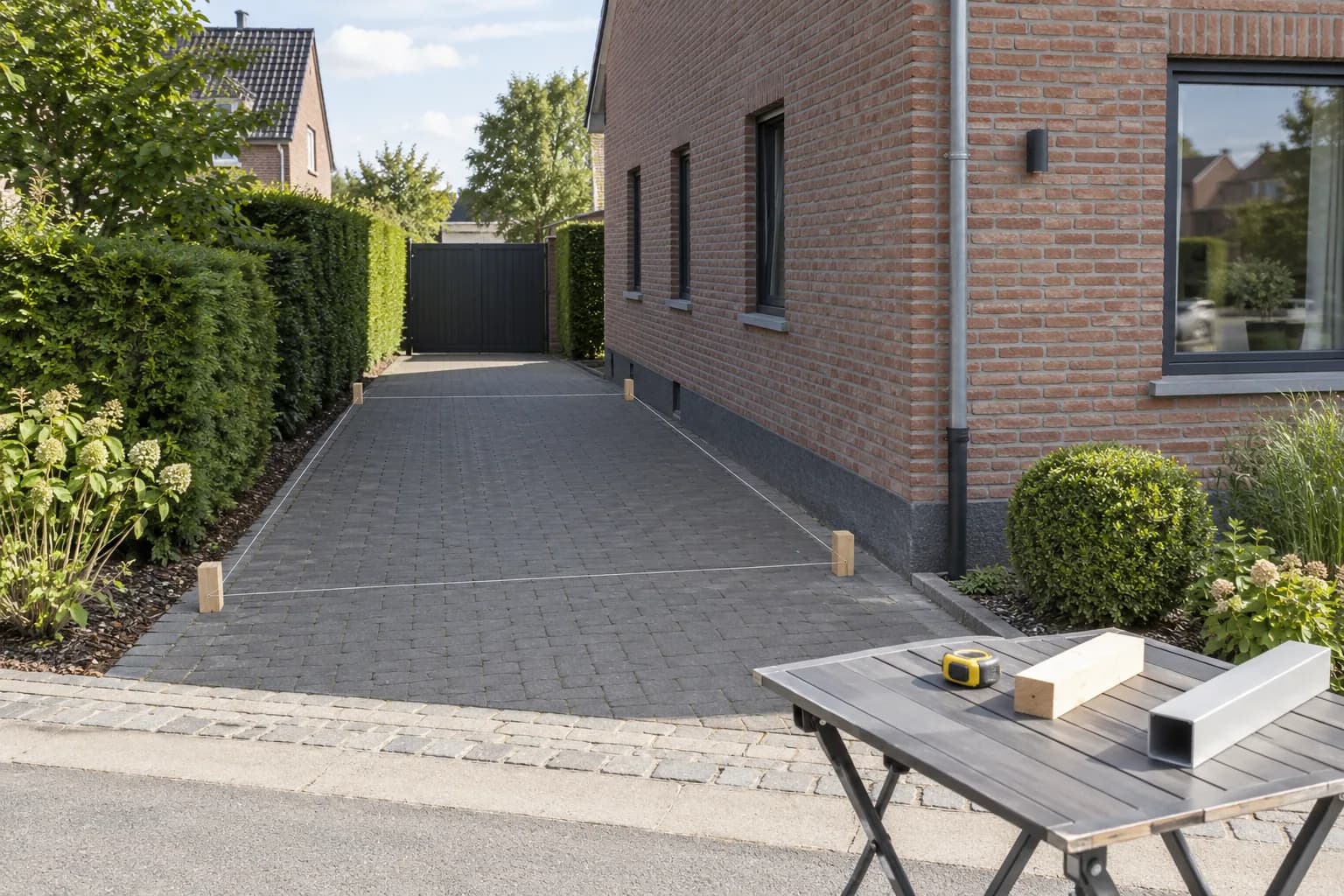 Emplacement d’un carport délimité sur une allée pavée avec échantillons de structure et mètre fermé