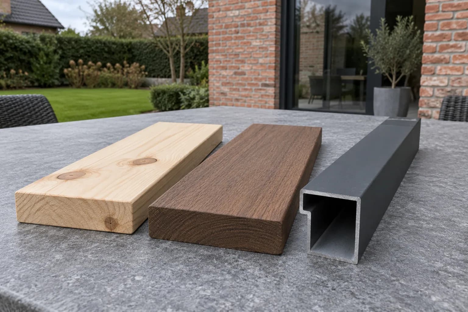 Deux échantillons de bois et un profilé en aluminium anthracite sur une table de terrasse
