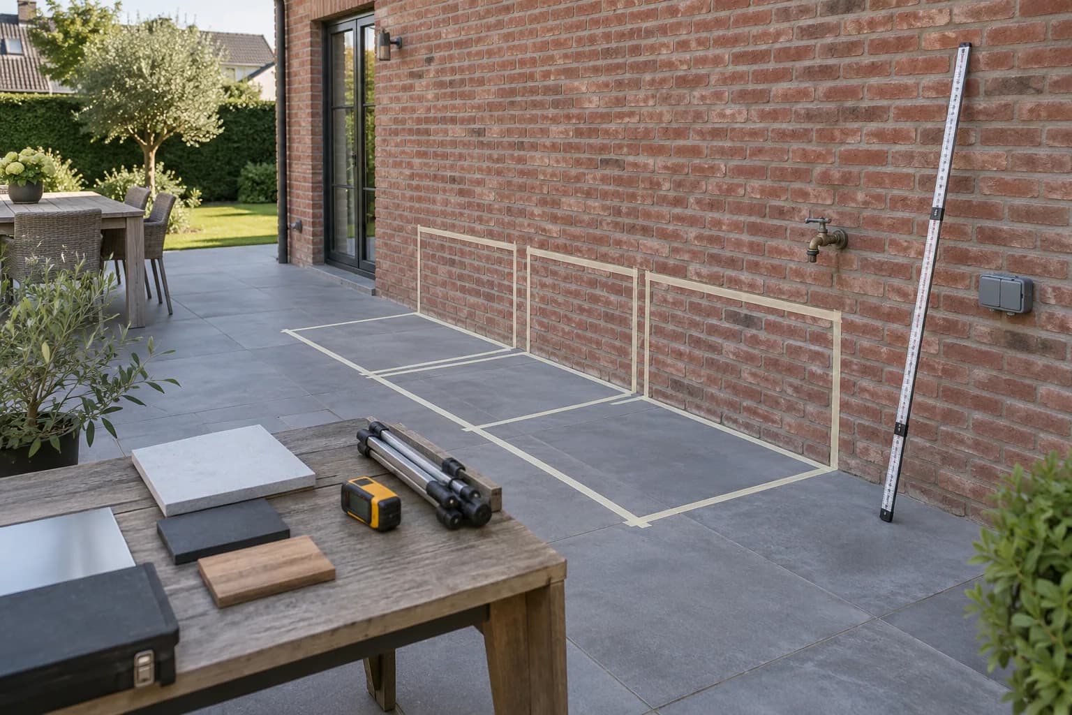 Implantation d’une cuisine extérieure tracée au ruban sur la terrasse, avec échantillons et outils de mesure.