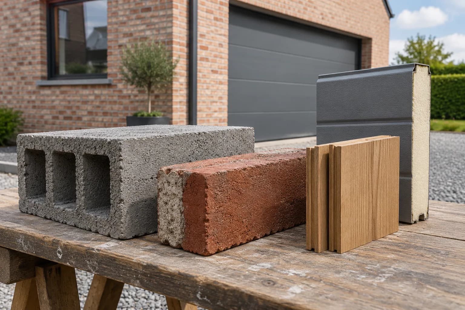 Échantillons de parpaing, brique, bardage en bois et panneau isolé de porte de garage sur un établi.