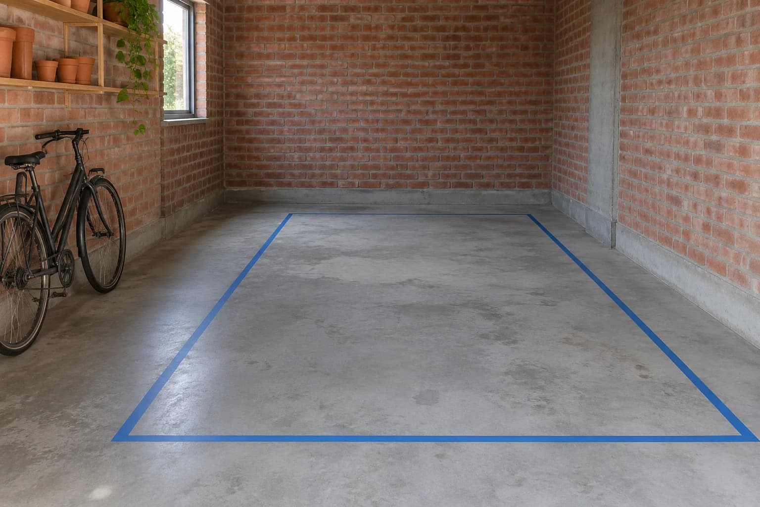 Emplacement de voiture délimité au ruban bleu dans un garage, avec vélo et étagère de pots sur le côté.