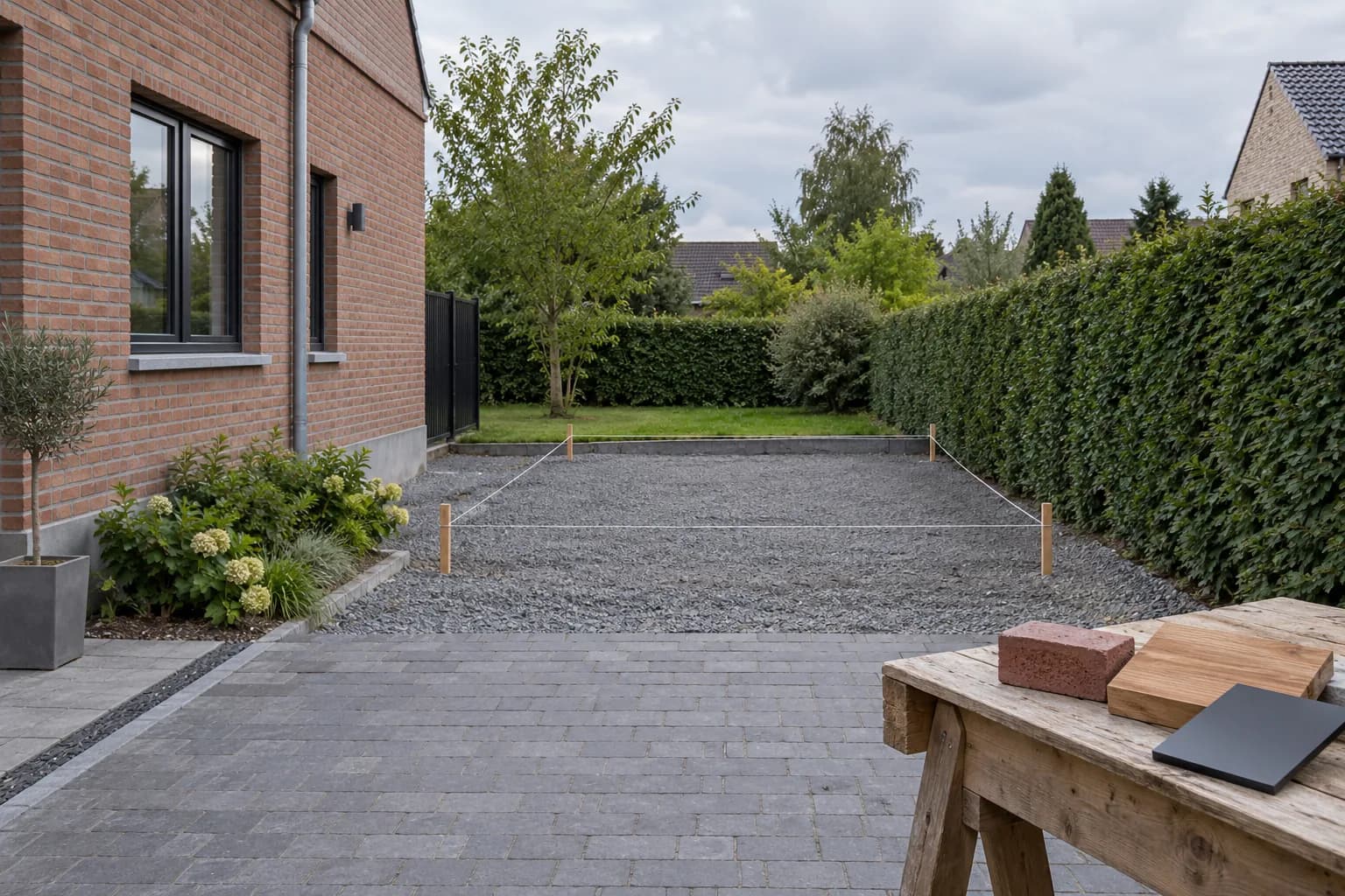 Implantation d'un futur garage délimitée par des cordeaux, avec échantillons de brique, bois et métal.