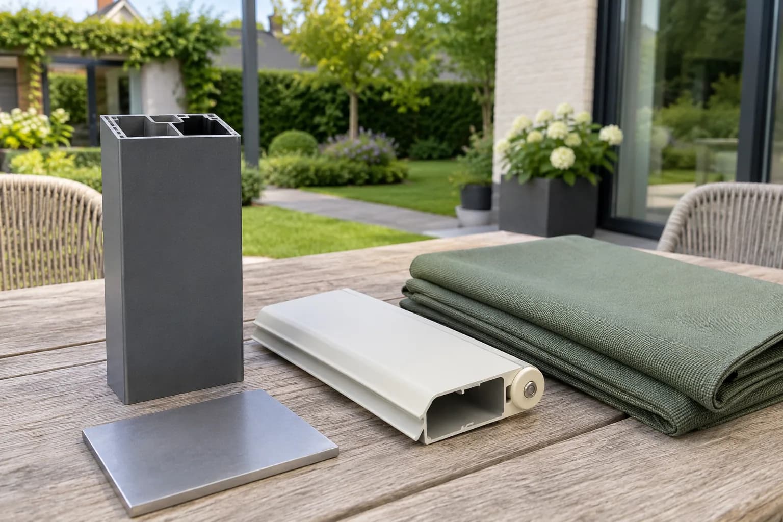 Échantillons de poteau aluminium gris, lame de toiture claire et toile verte pour comparer une pergola.