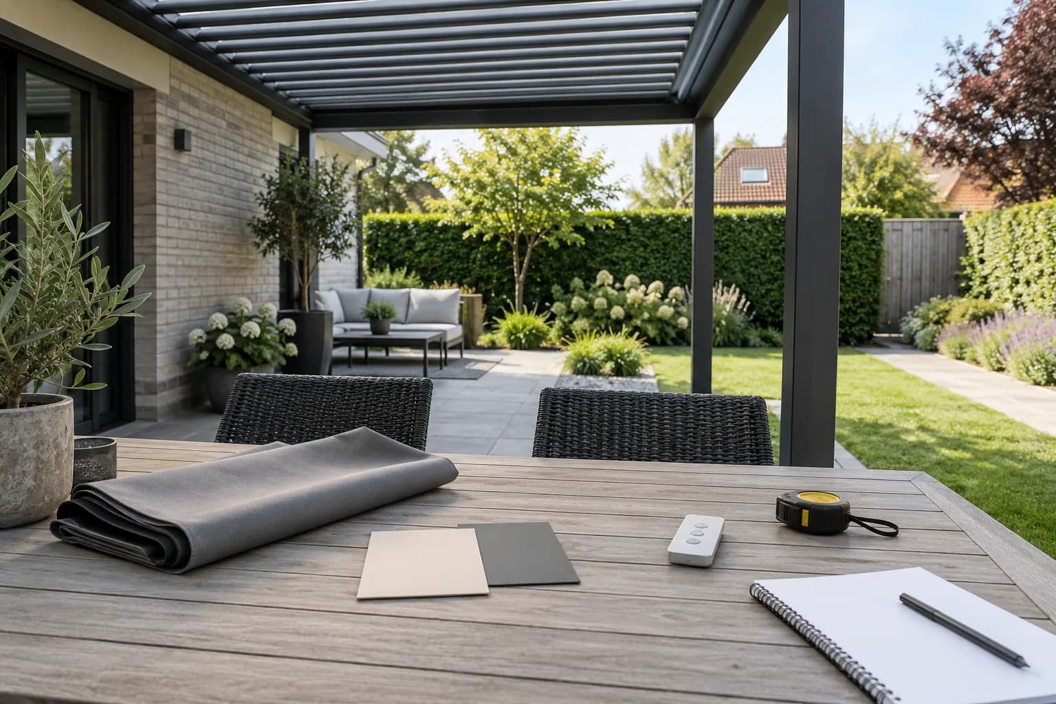 Nuanciers, toile, télécommande et mètre préparés sur une table sous une pergola pour choisir les options.