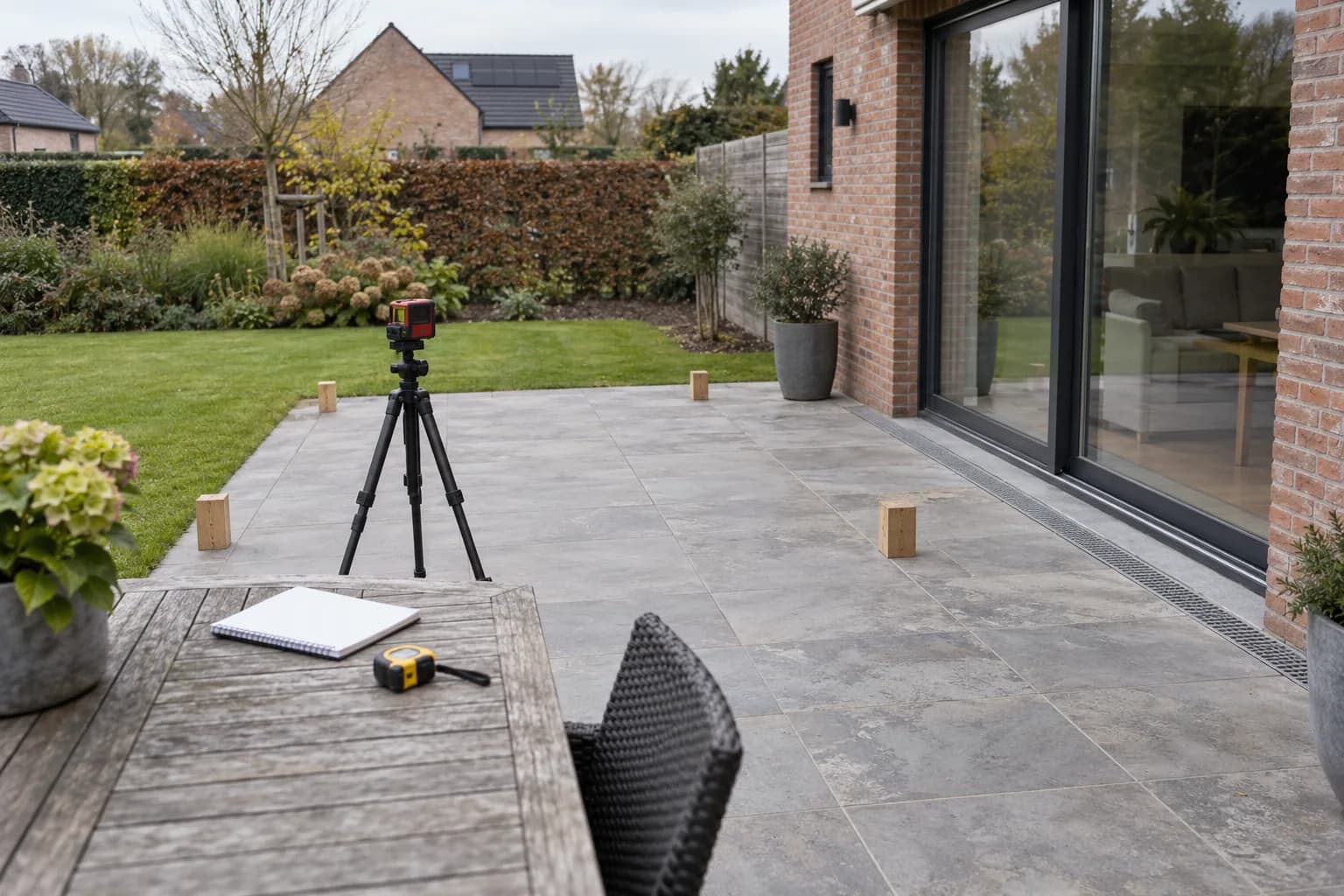 Terrasse préparée pour une pergola, avec repères de poteaux, instrument laser et carnet vierge.