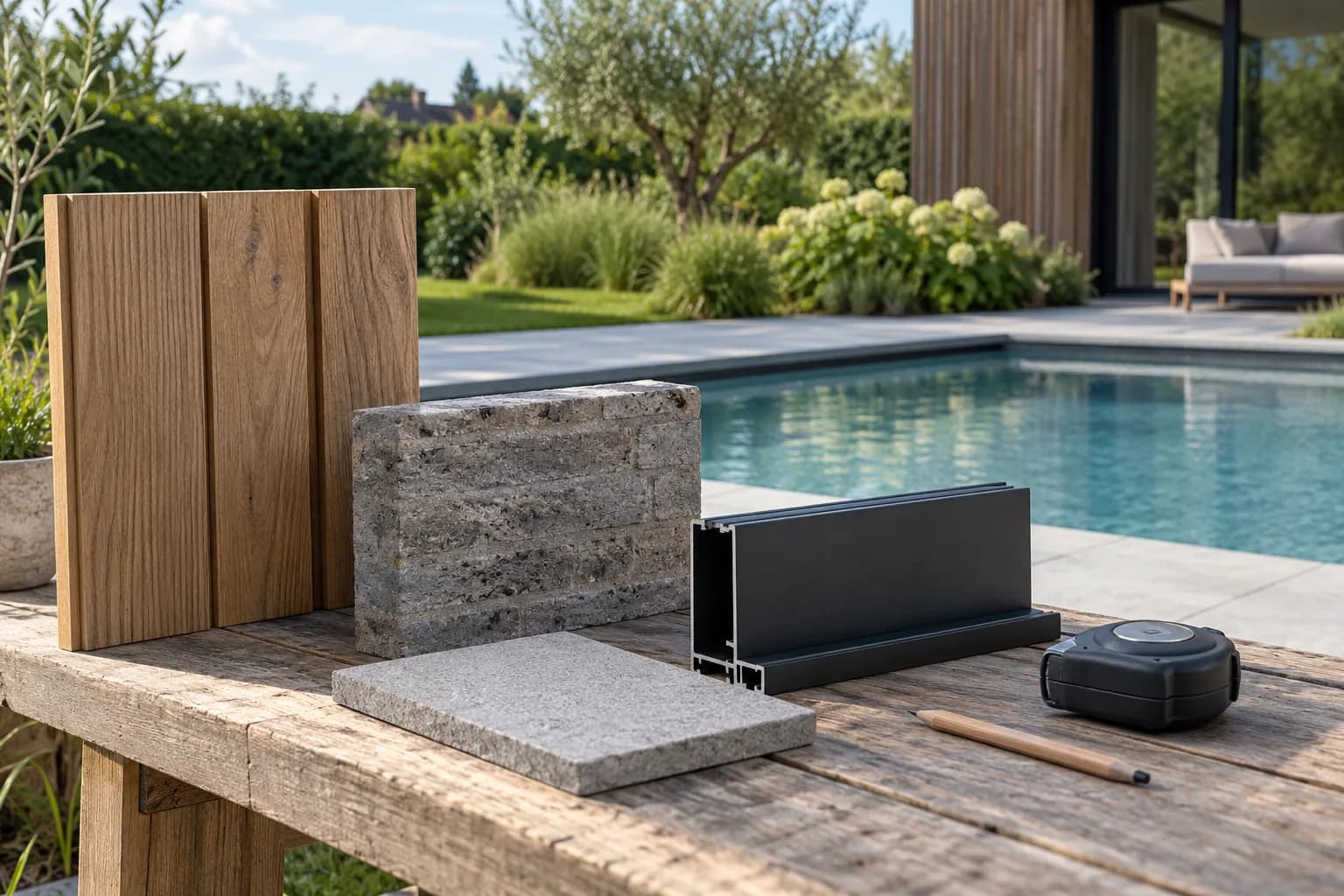 Échantillons de bardage bois, pierre et profilé aluminium sur un établi près de la piscine.