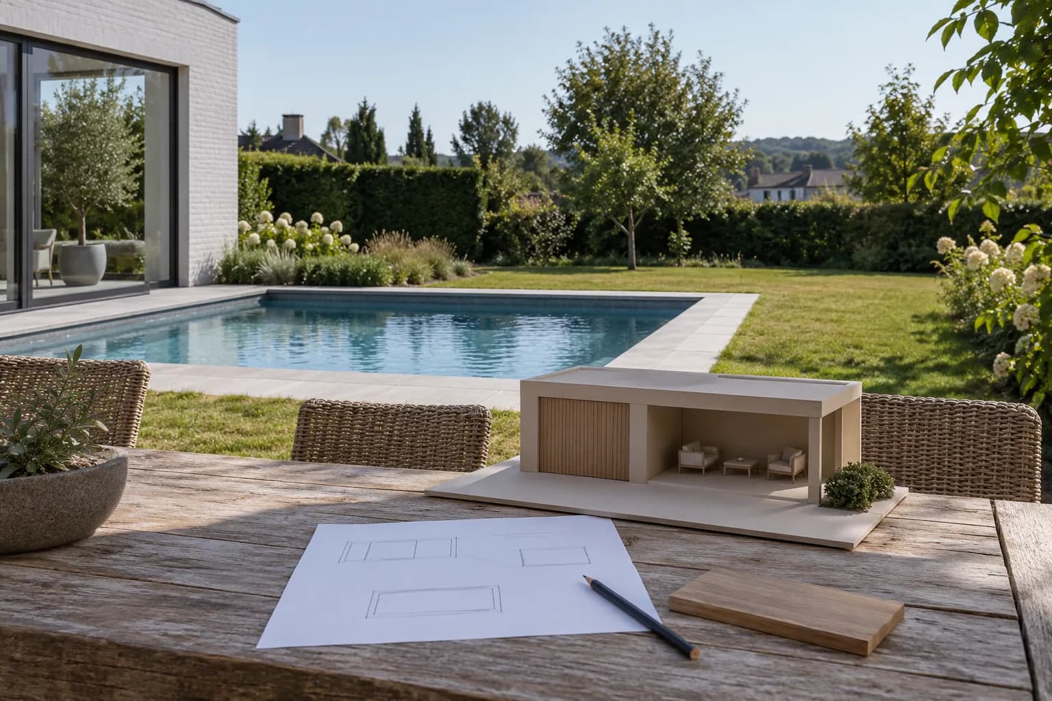 Maquette de pool house, esquisse sans cotes et échantillon de bois sur une table face au jardin et à la piscine.