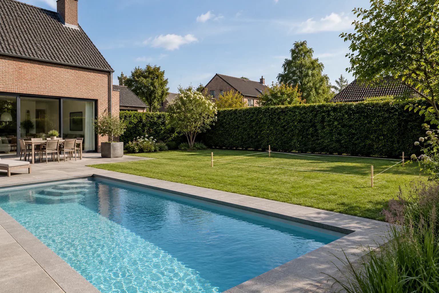 Emplacement d’un futur pool house délimité par des piquets et un cordeau sur la pelouse, à côté d’une piscine.