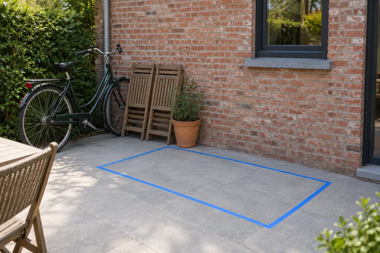 Futur espace de rangement délimité au ruban bleu sur une terrasse, à côté d’un vélo et de chaises pliées.