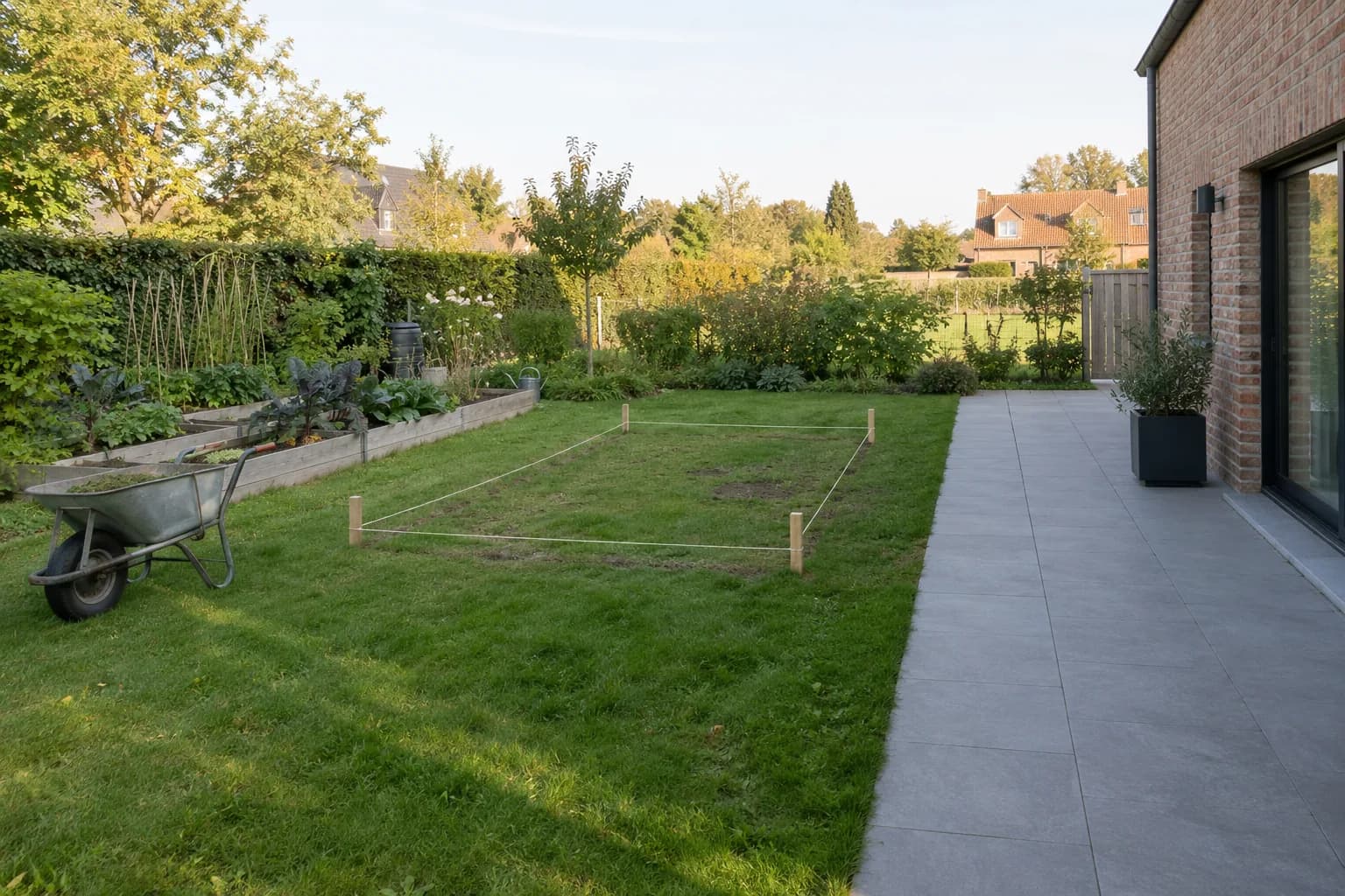 Emplacement d’une remise délimité au cordeau entre le potager et la terrasse d’une maison en briques.