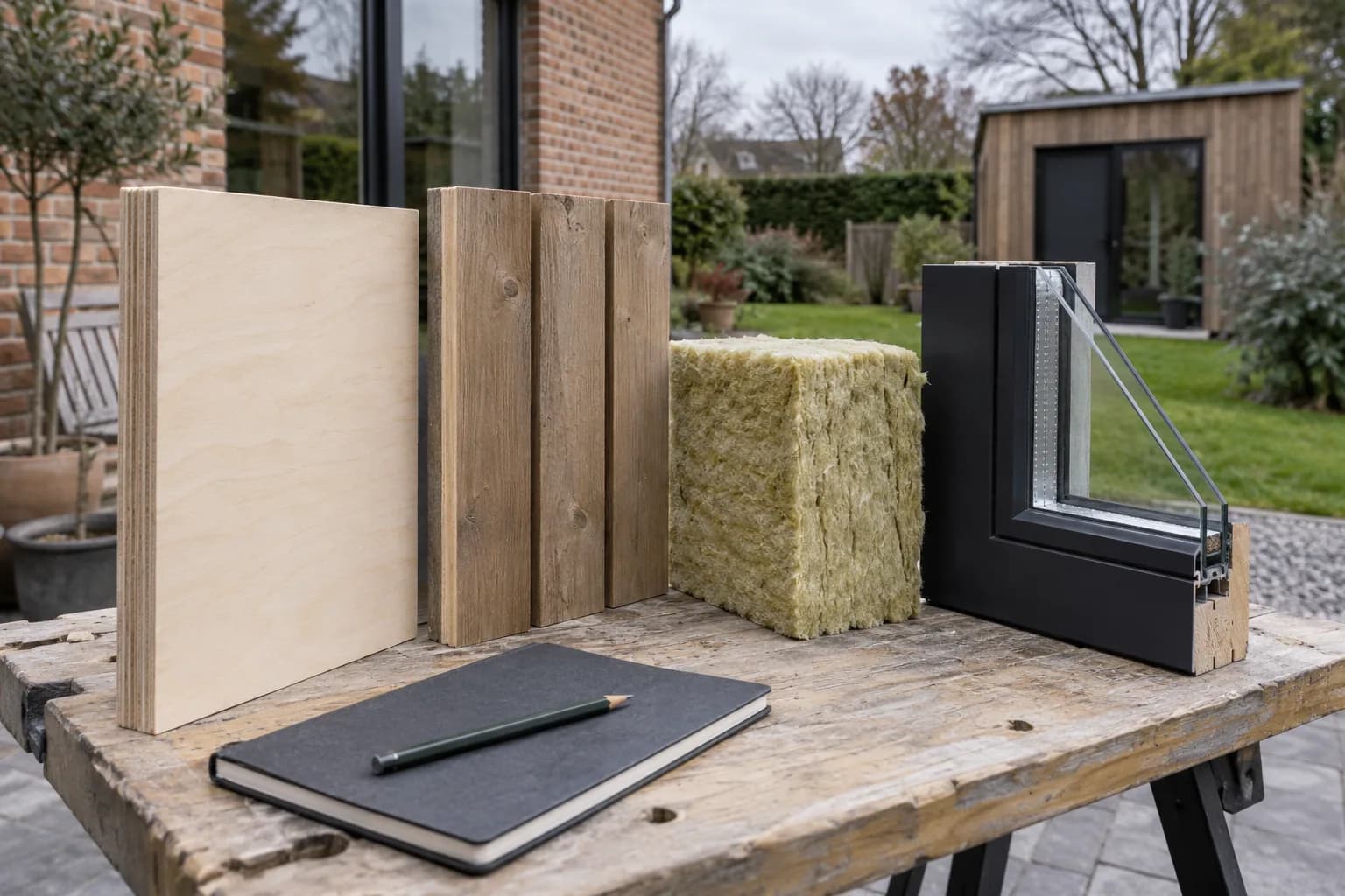 Échantillons de contreplaqué, bardage, isolant fibreux et angle de châssis vitré pour un studio de jardin.