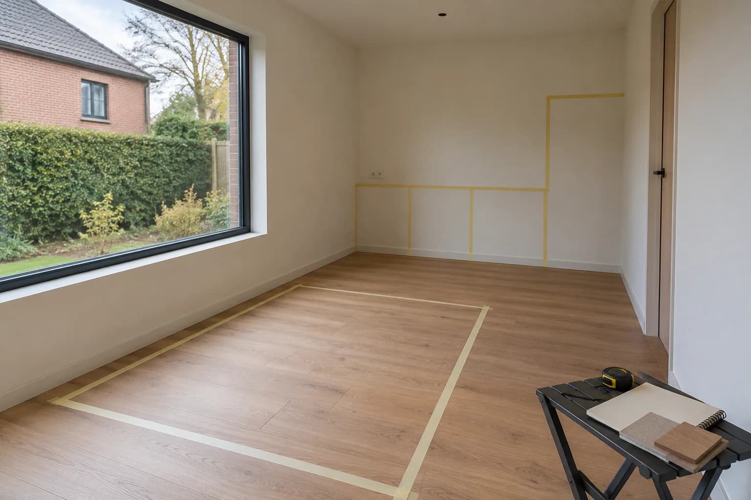Aménagement d'un studio préparé au ruban de masquage, avec mètre et échantillons de finition.