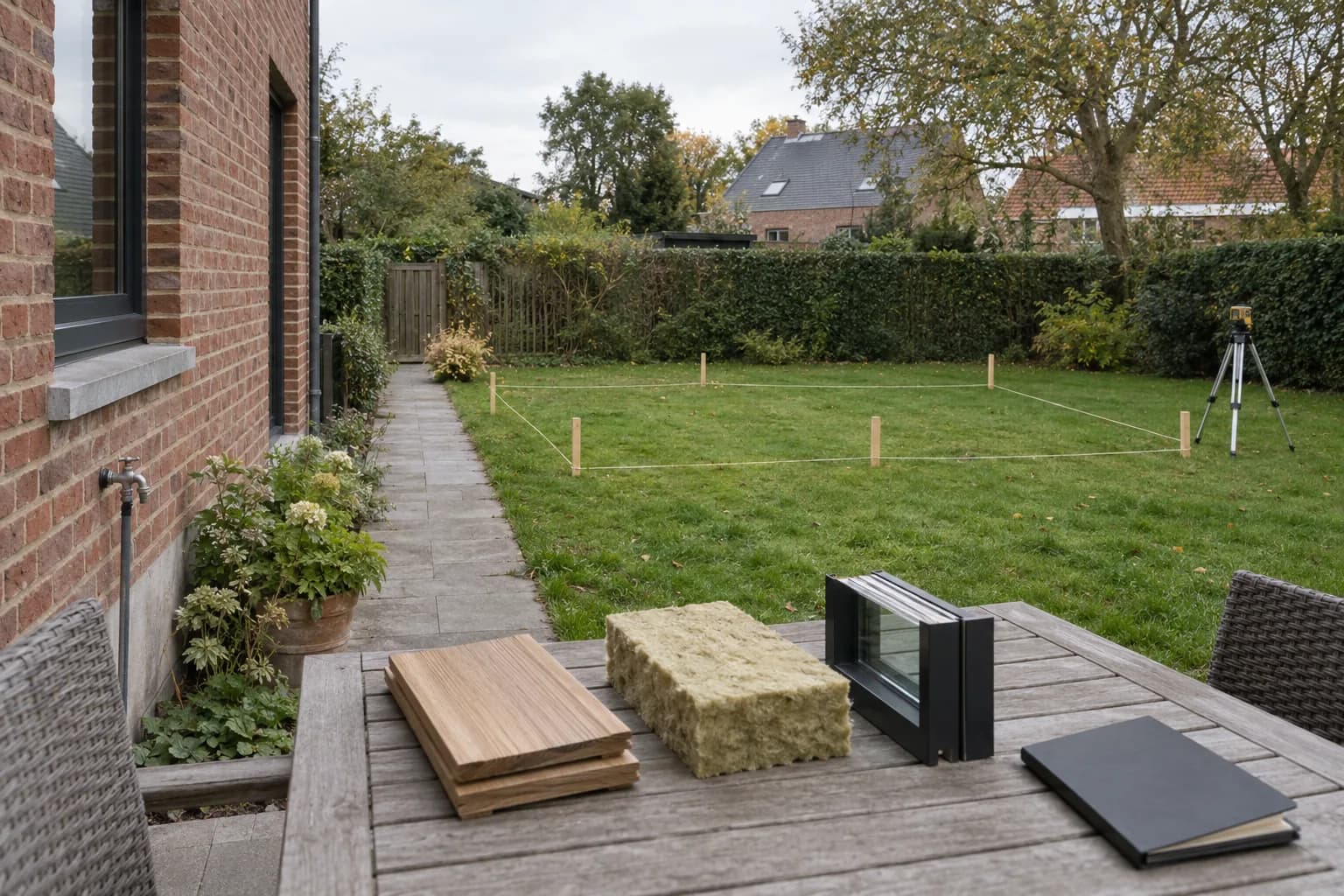 Emplacement de studio délimité dans le jardin, avec échantillons de bois, d'isolant et de châssis.