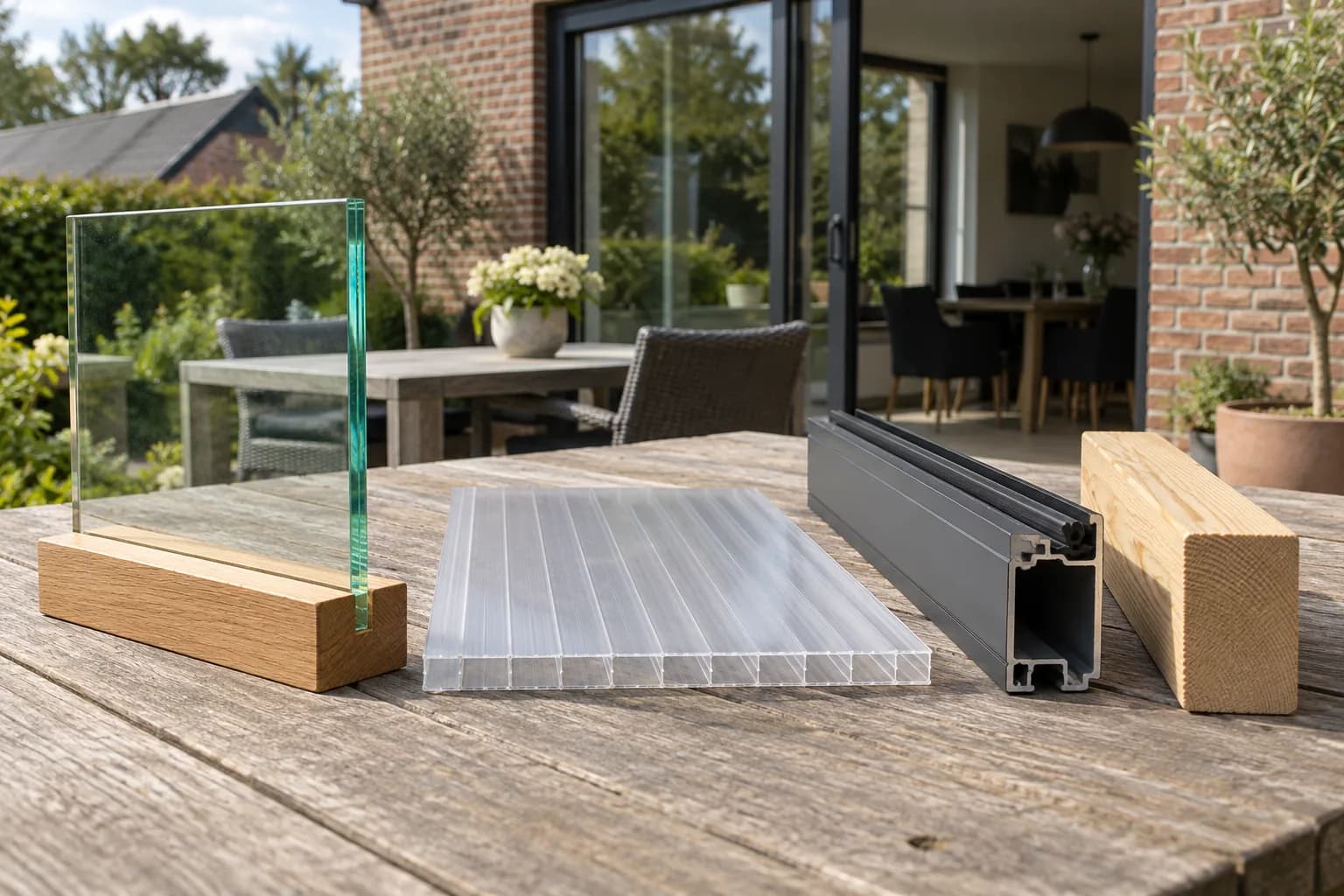 Échantillons de verre, polycarbonate alvéolaire, profilé aluminium et bois comparés sur une table.