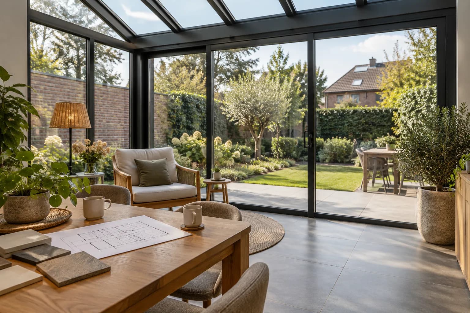 Plan d’aménagement et échantillons de sol sur une table dans une véranda ouverte visuellement sur le jardin.
