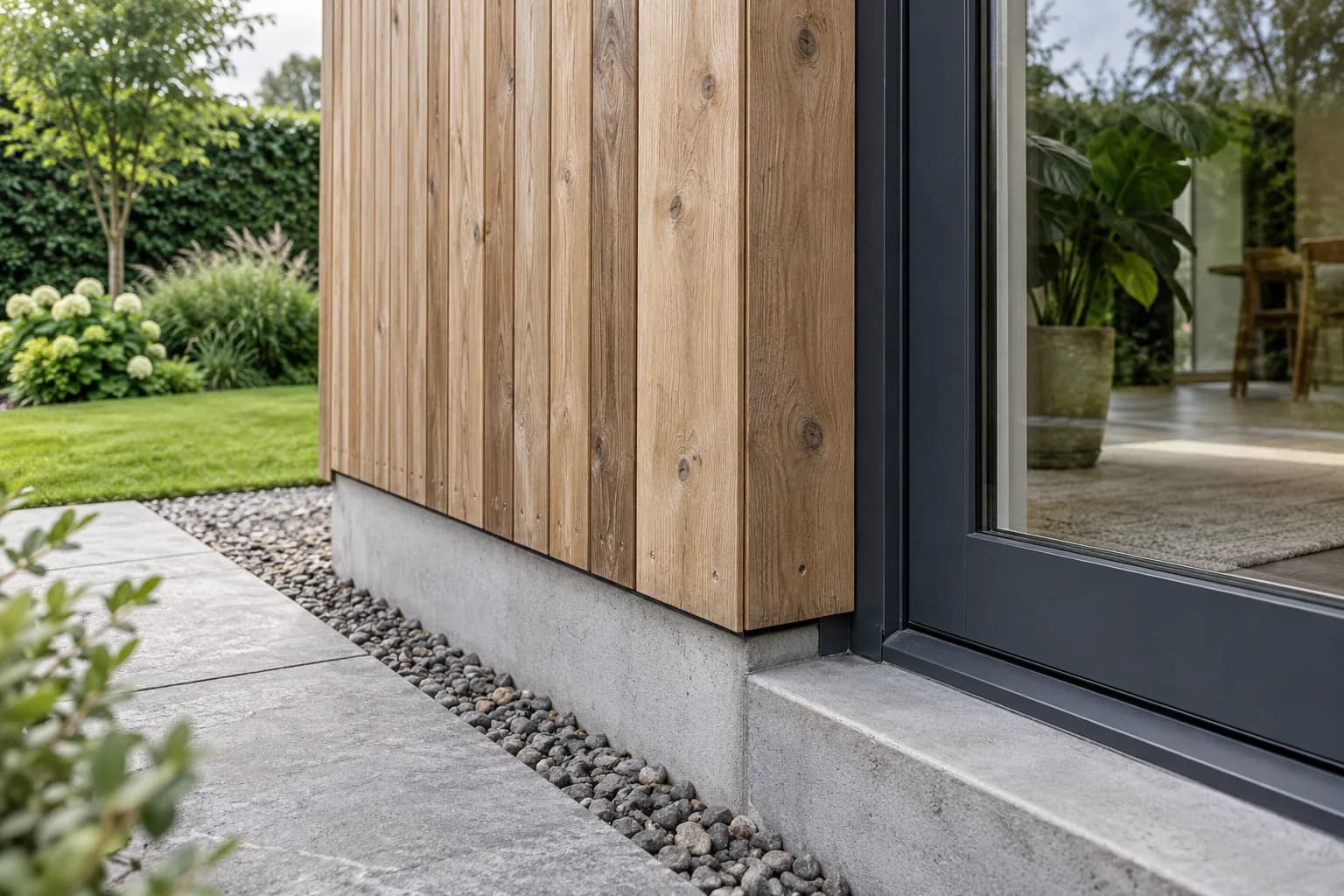 Bardage vertical en bois, encadrement anthracite et soubassement en béton bordé de gravier