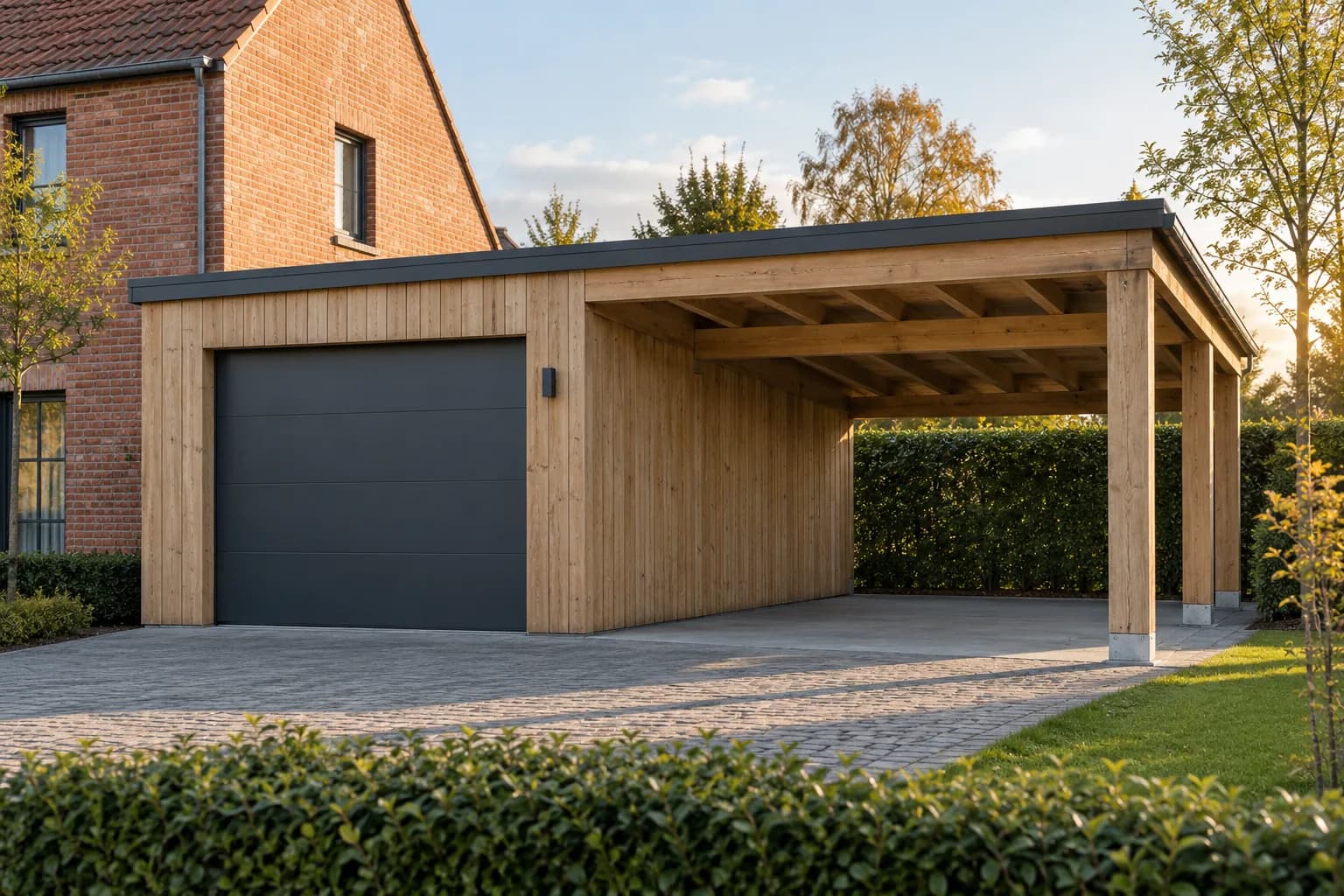 Garage fermé à bardage vertical en bois et carport ouvert sous une toiture commune.