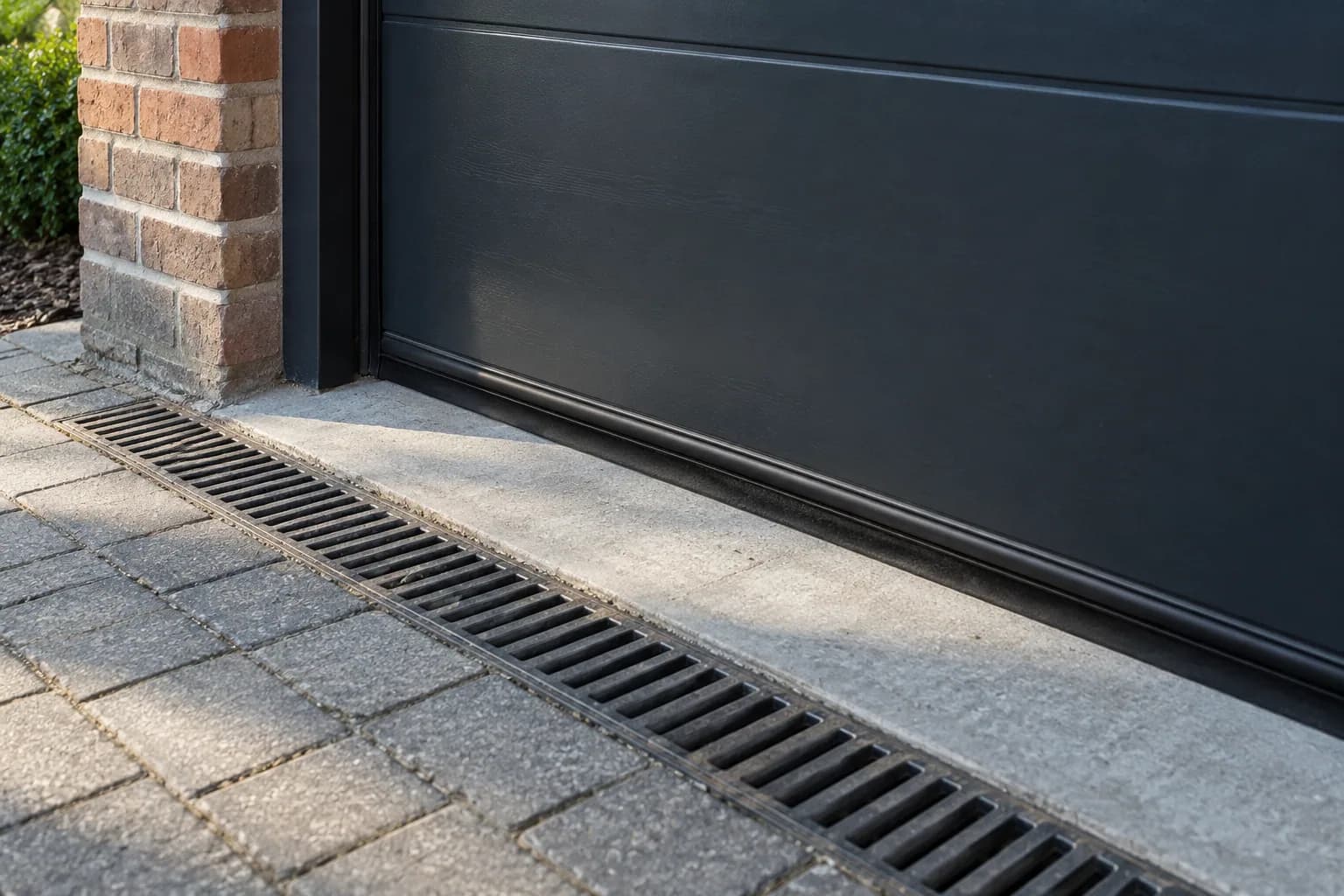 Joint inférieur d'une porte de garage, seuil en béton et caniveau devant un jambage en briques.