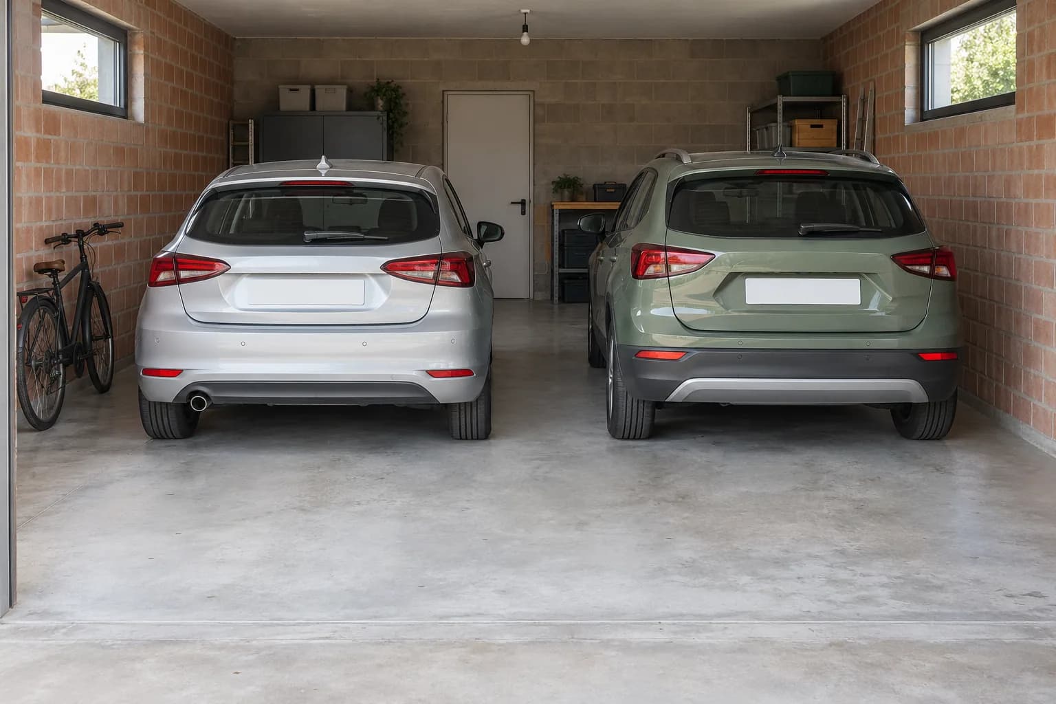 Deux voitures garées côte à côte dans un garage double, avec un passage central et un vélo contre le mur.